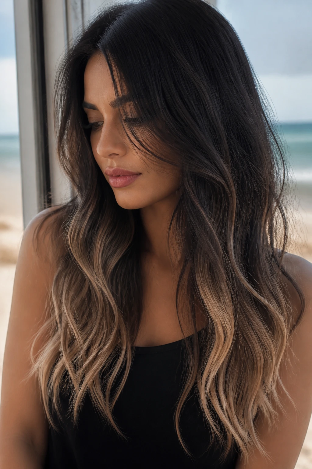 Close-up of a real woman's long hair with black base and soft beige blonde tips in a hazy ombre.