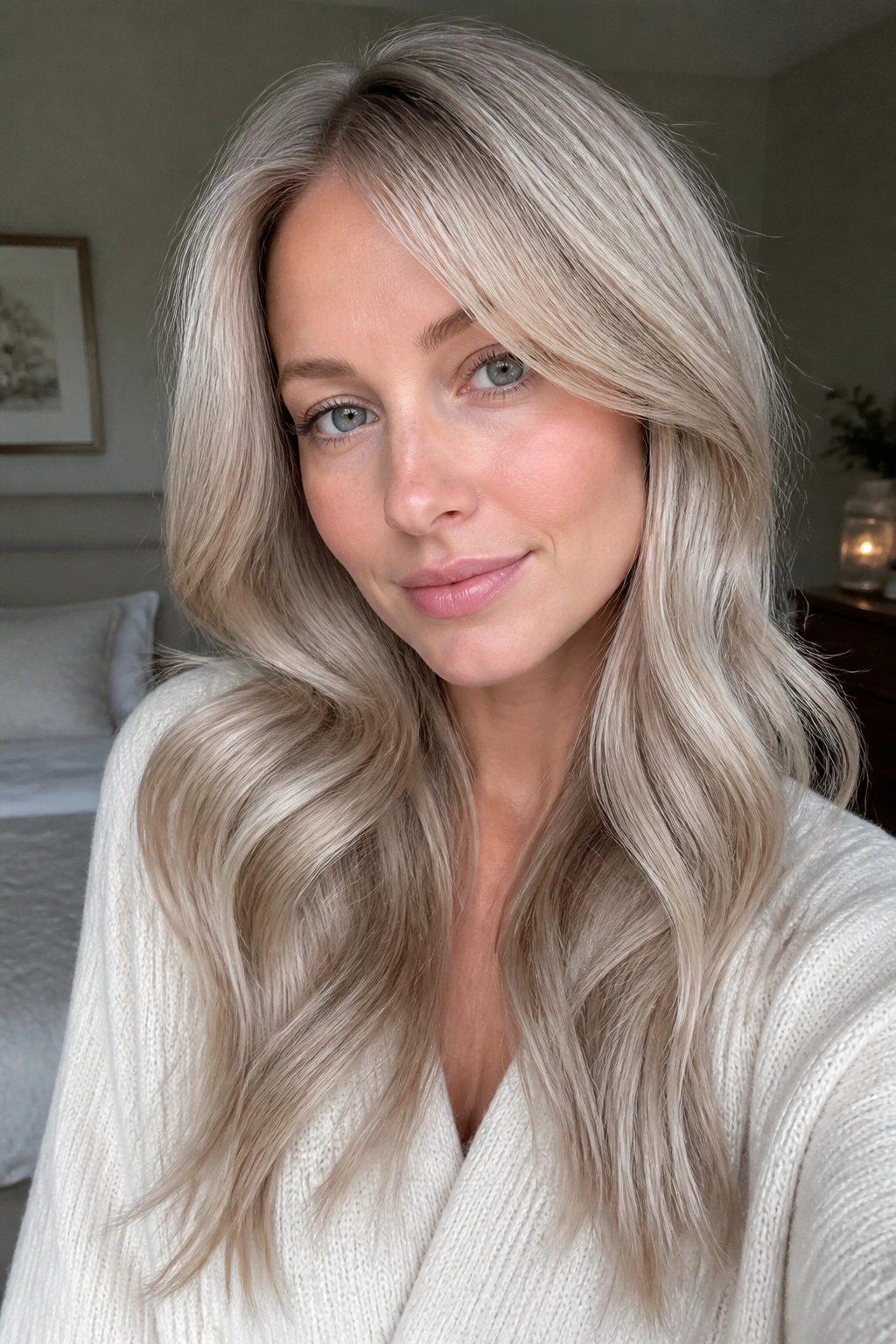 Close-up portrait of a woman with creamy beige blonde hair and pearl gloss by window light