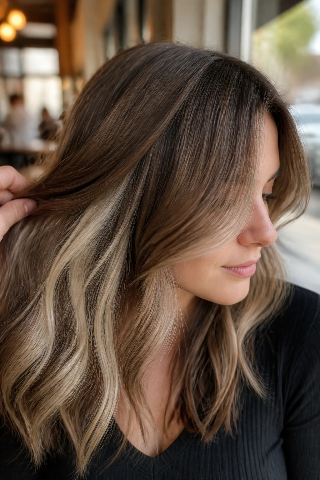 Close-up portrait of a real woman with beige blonde peekaboo highlights.