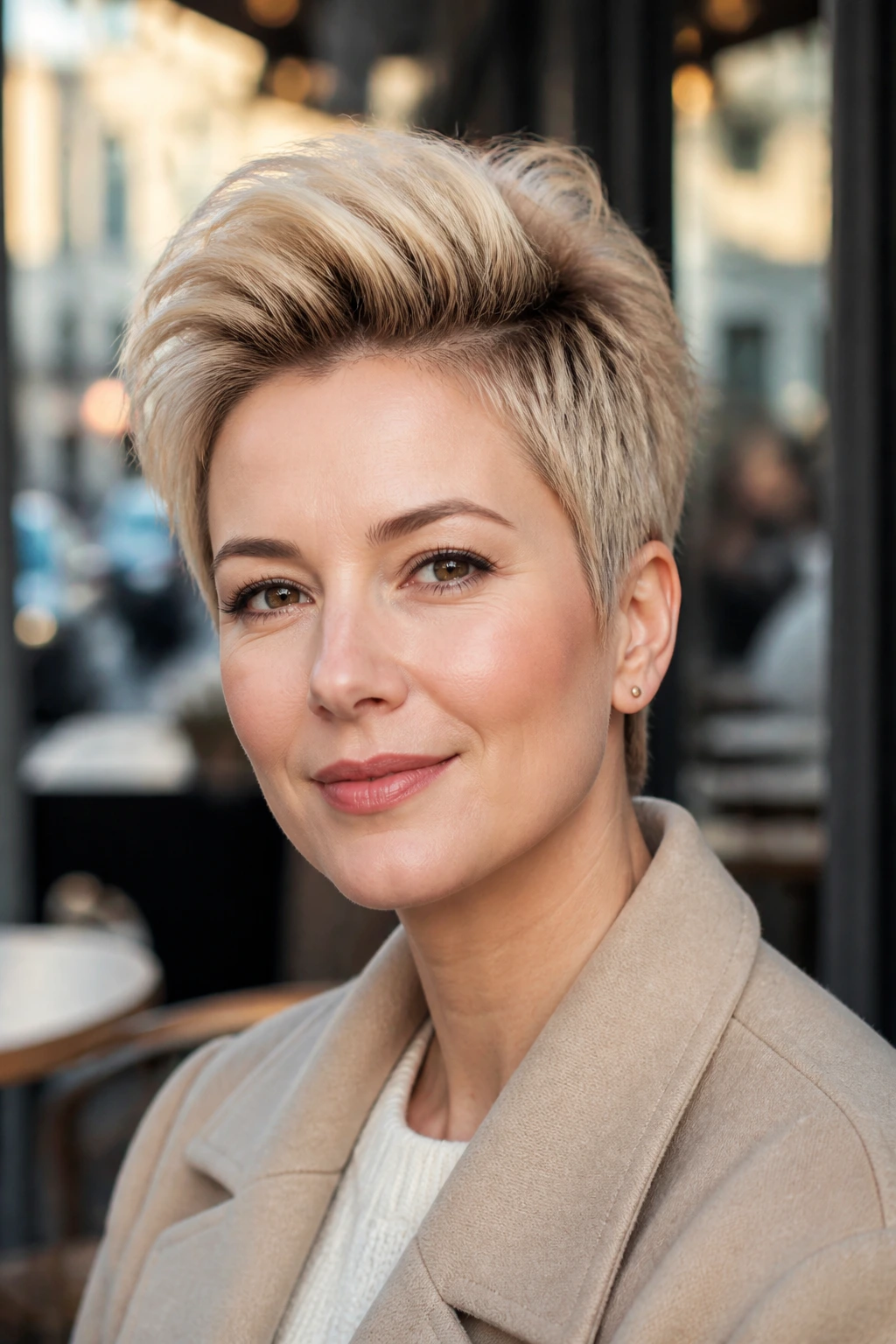 Close-up of a real woman with beige blonde pixie hairstyle and crown lift