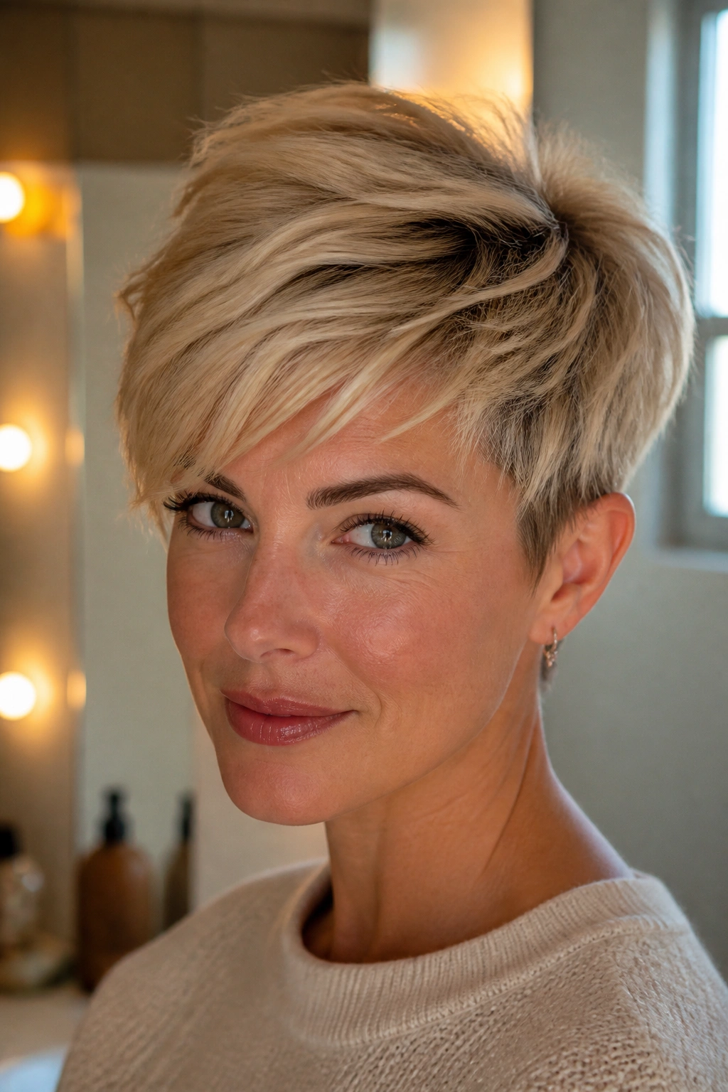 Close-up of a woman with a long-top beige blonde pixie