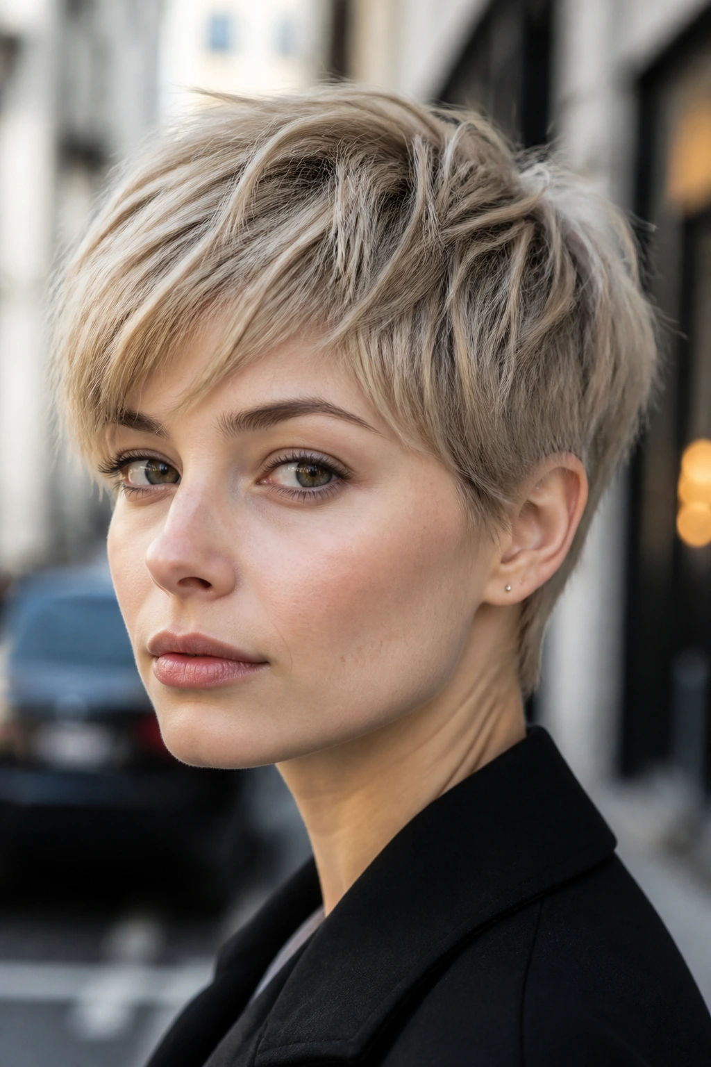 Close-up of a woman with beige blonde pixie and soft texture