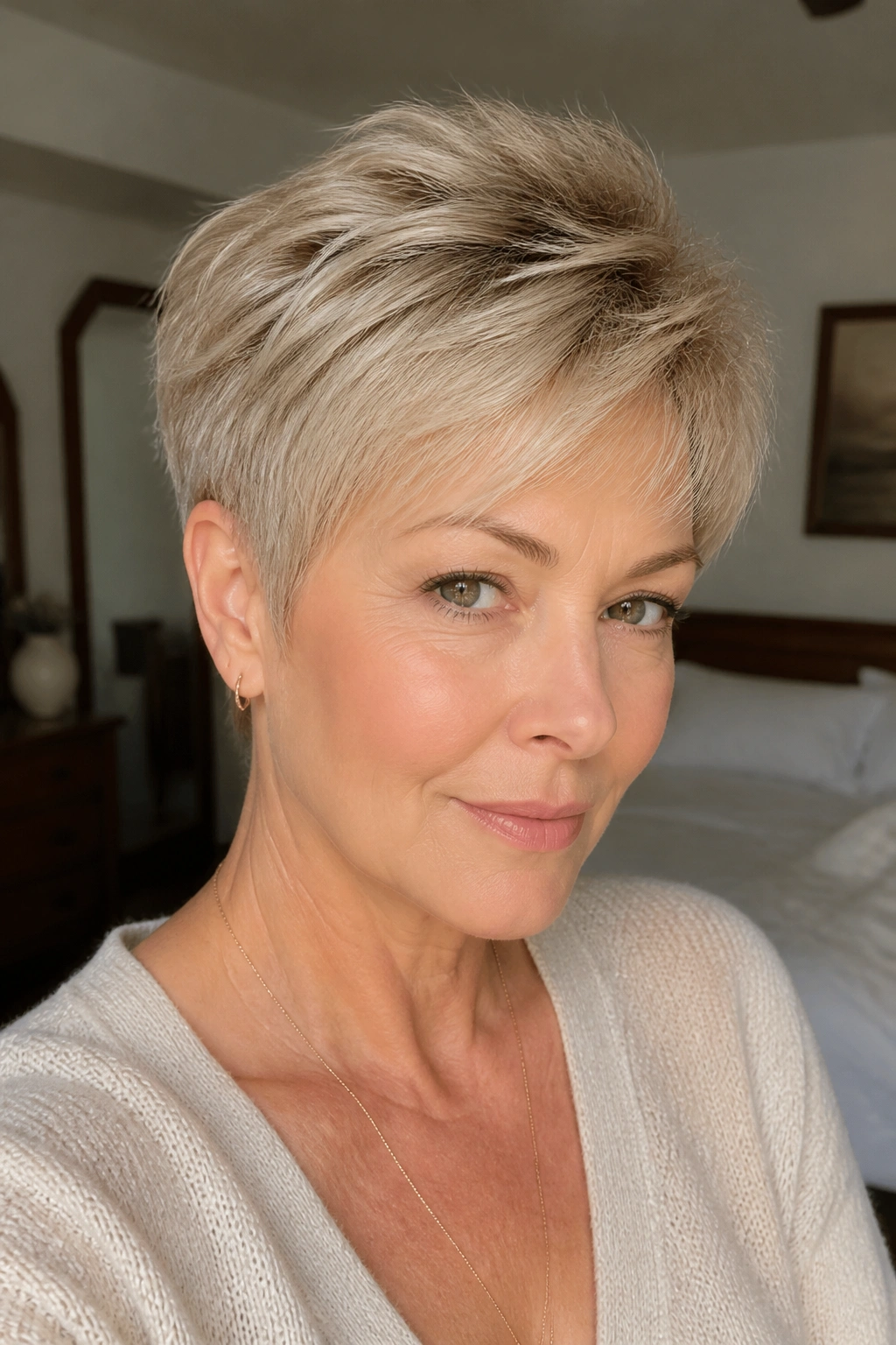 Close-up of a real woman with beige blonde tapered pixie under natural window light