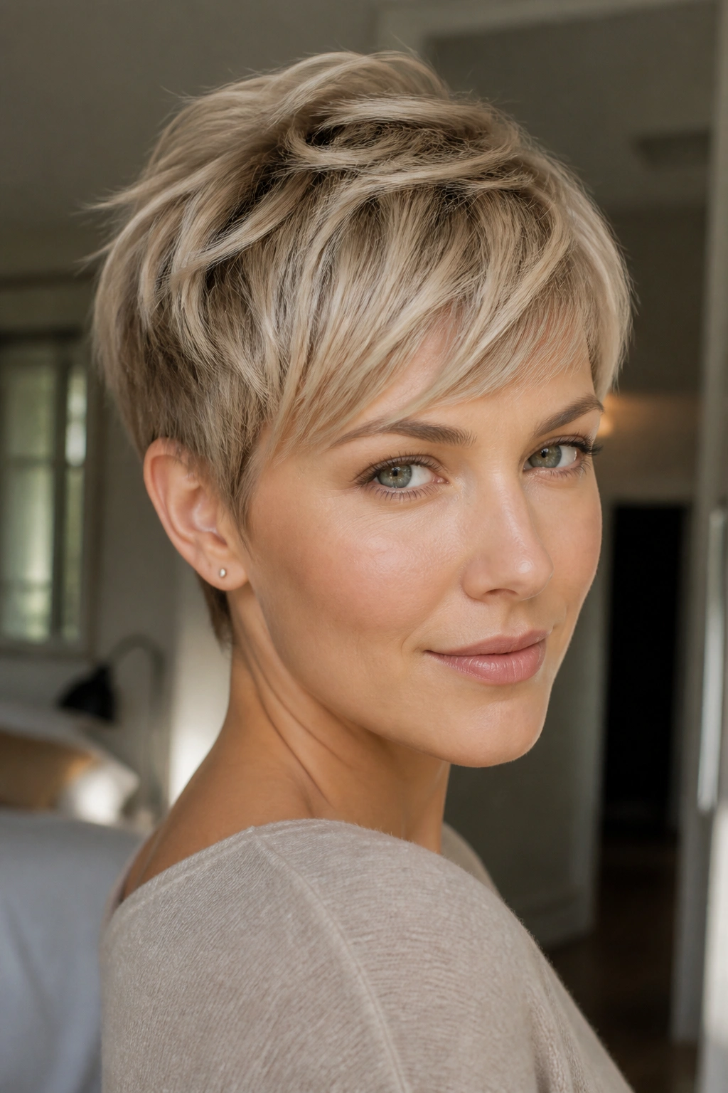 Beige blonde pixie on a real person with soft texture