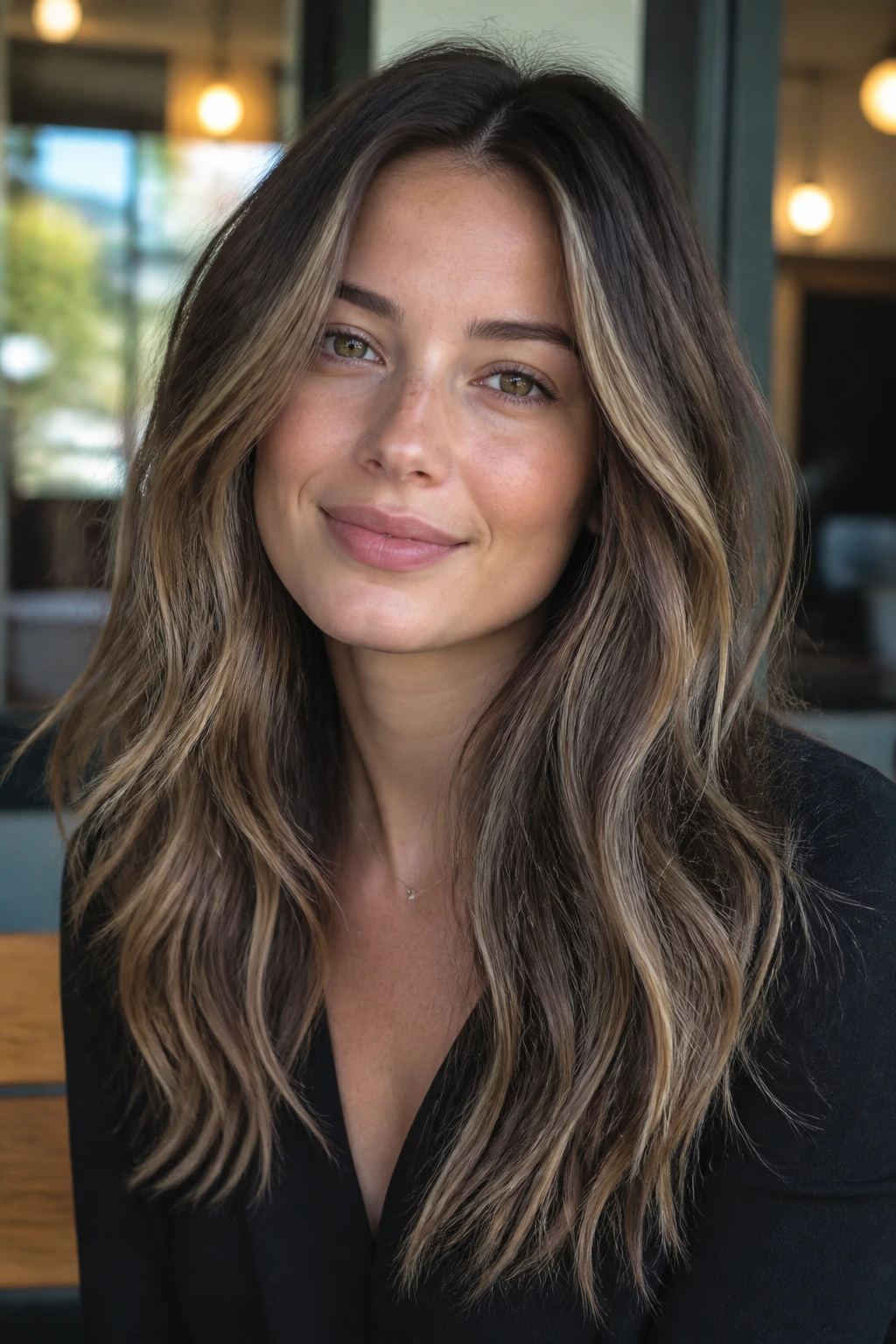 Close-up of a woman with beige blonde ribbons on cool brown hair