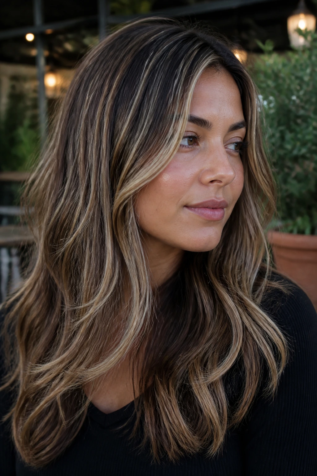 Close-up of brunette hair with beige blonde ribbons highlights