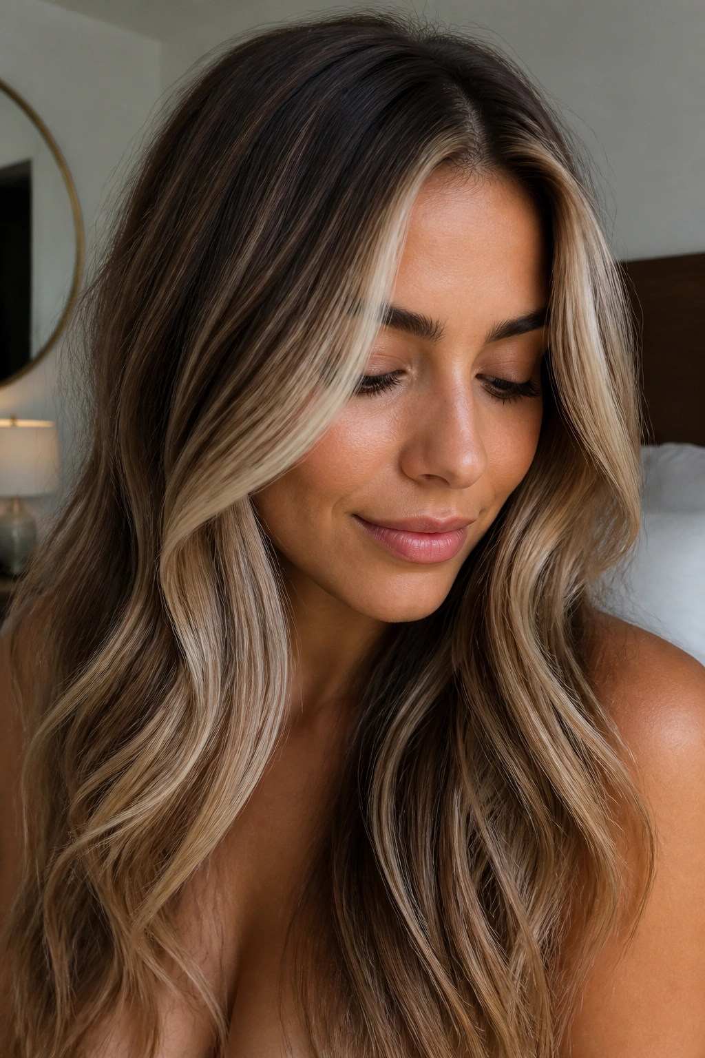 Close-up of a real woman with beige-blonde ribbons on mocha brown hair.