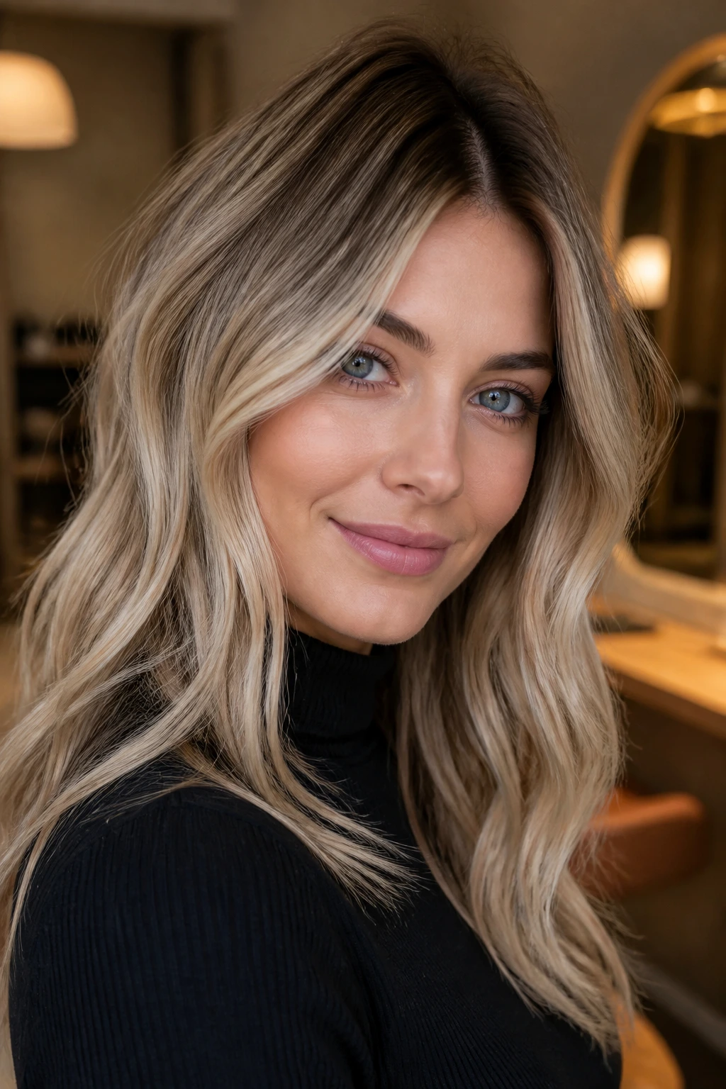 Close-up portrait of a real woman with beige blonde hair and a darker brunette root