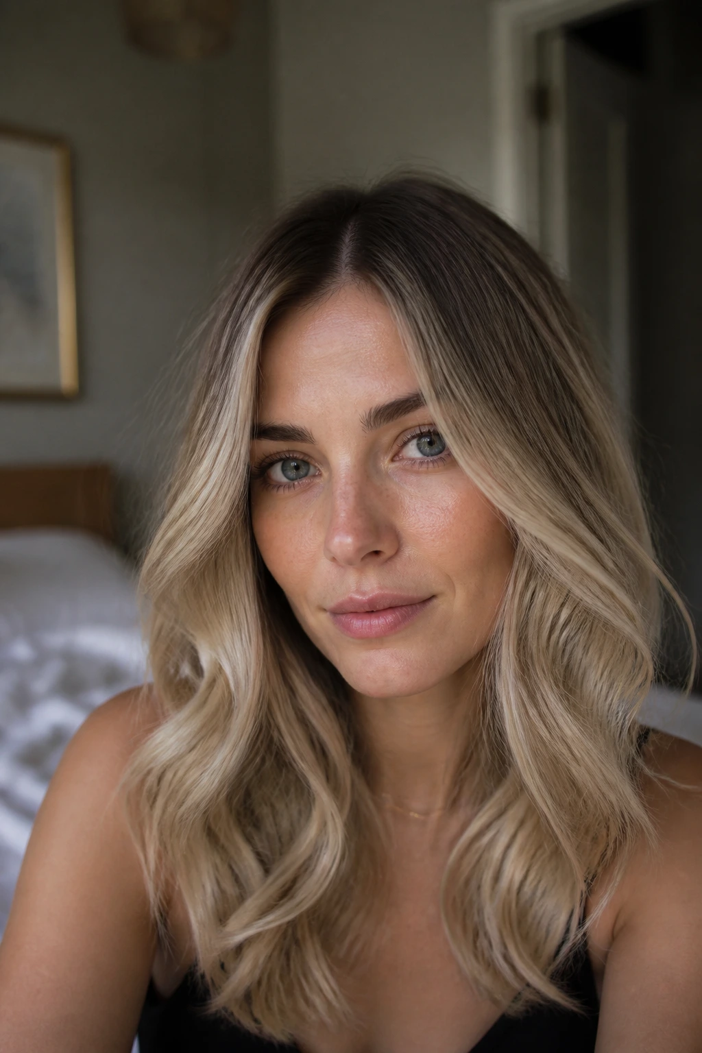 Close-up portrait of a woman with a neutral beige blonde and soft root melt