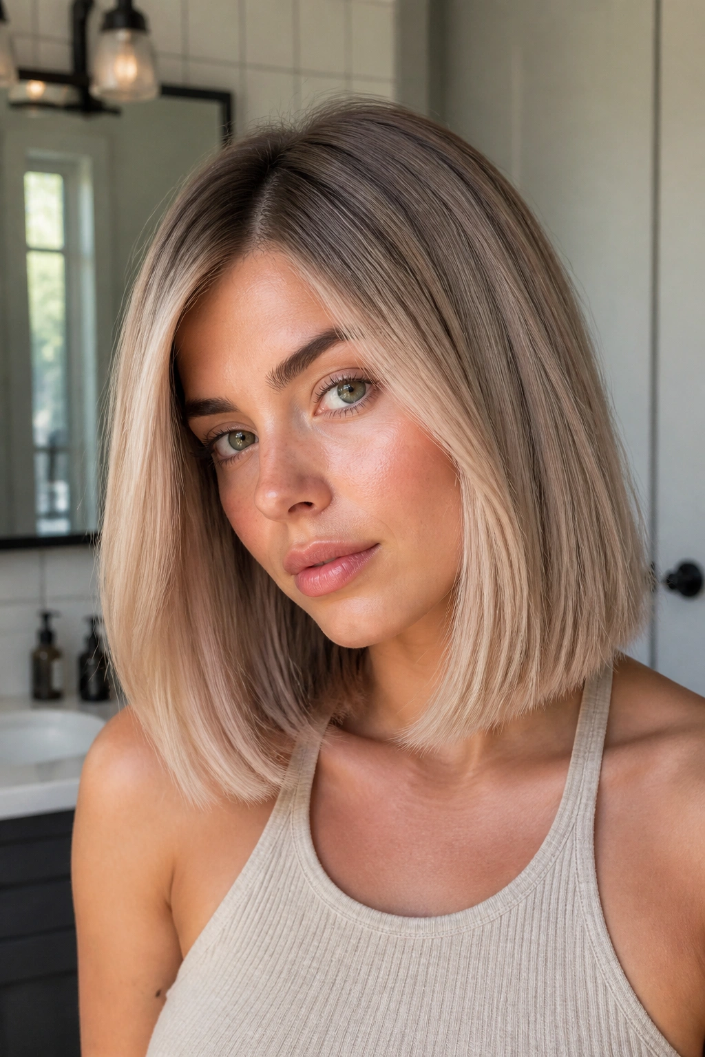 Real person with beige blonde hair and soft root shadow