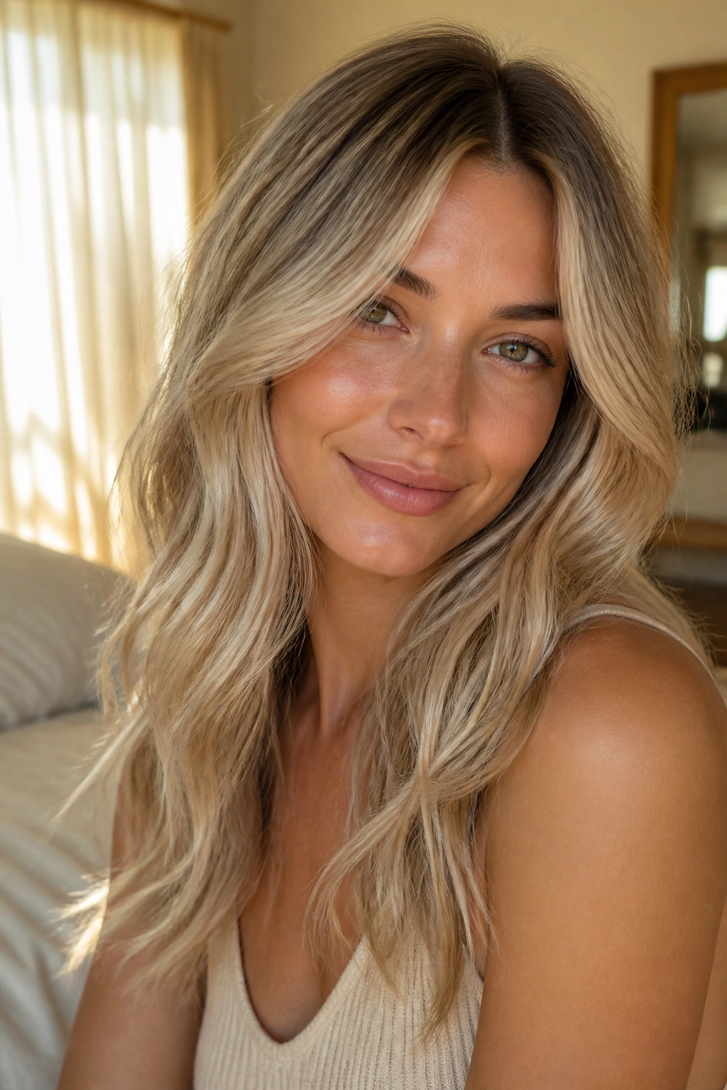 Portrait of a real woman with beige blonde hair and a soft smudged root in loose waves.