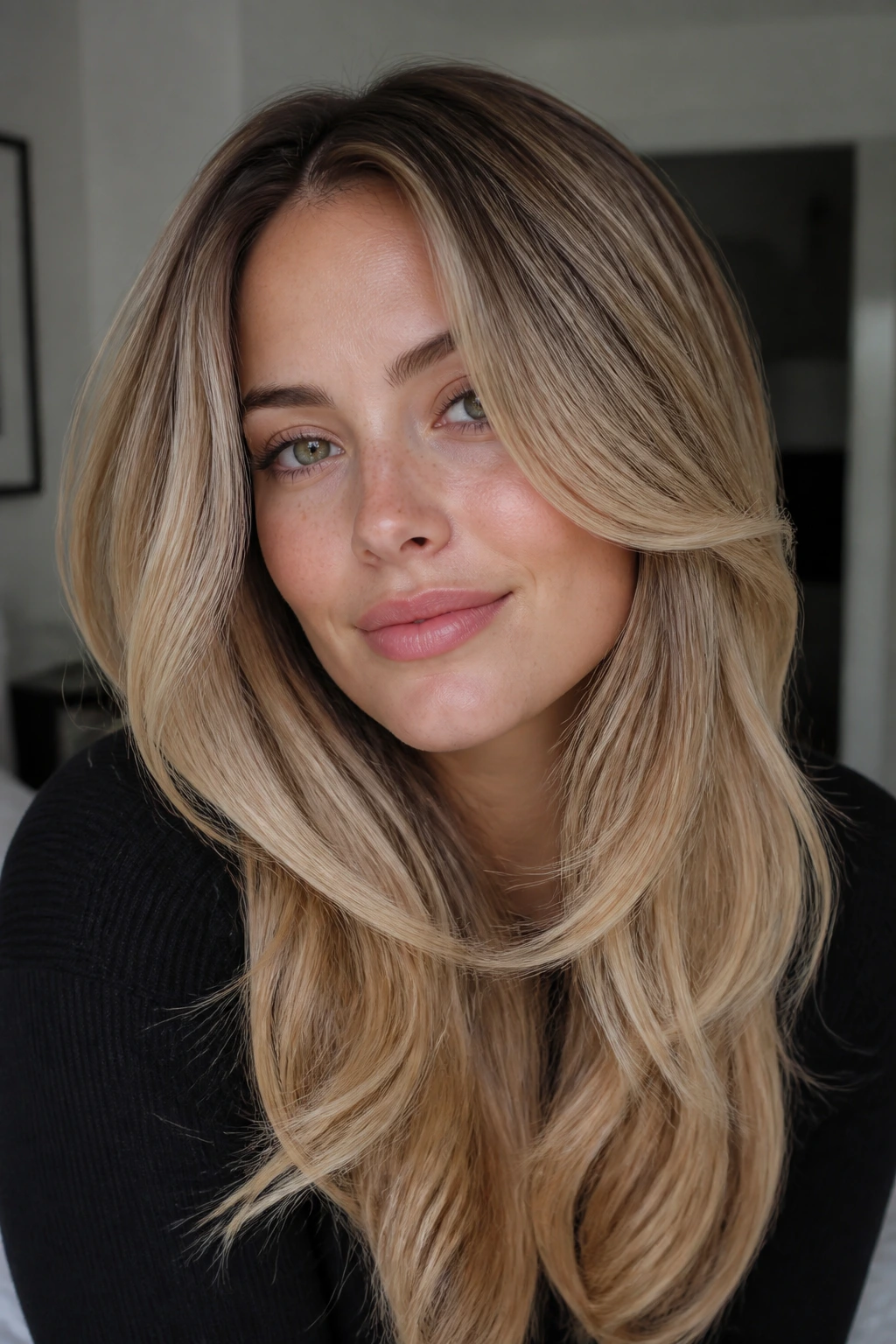 Close-up portrait of a real woman with beige blonde rounded face-framing layers