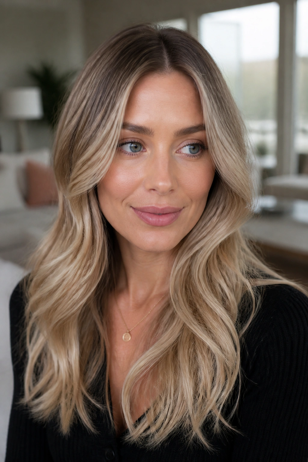 Close-up portrait of a woman with shadow-root beige blonde and soft depth lighting