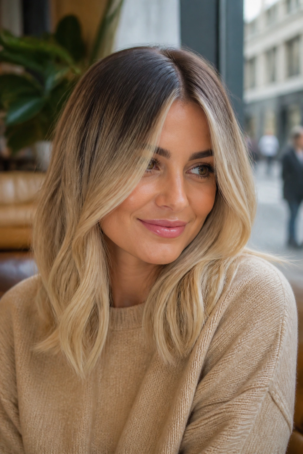 Close-up of beige blonde hair with a shadow root on a real person
