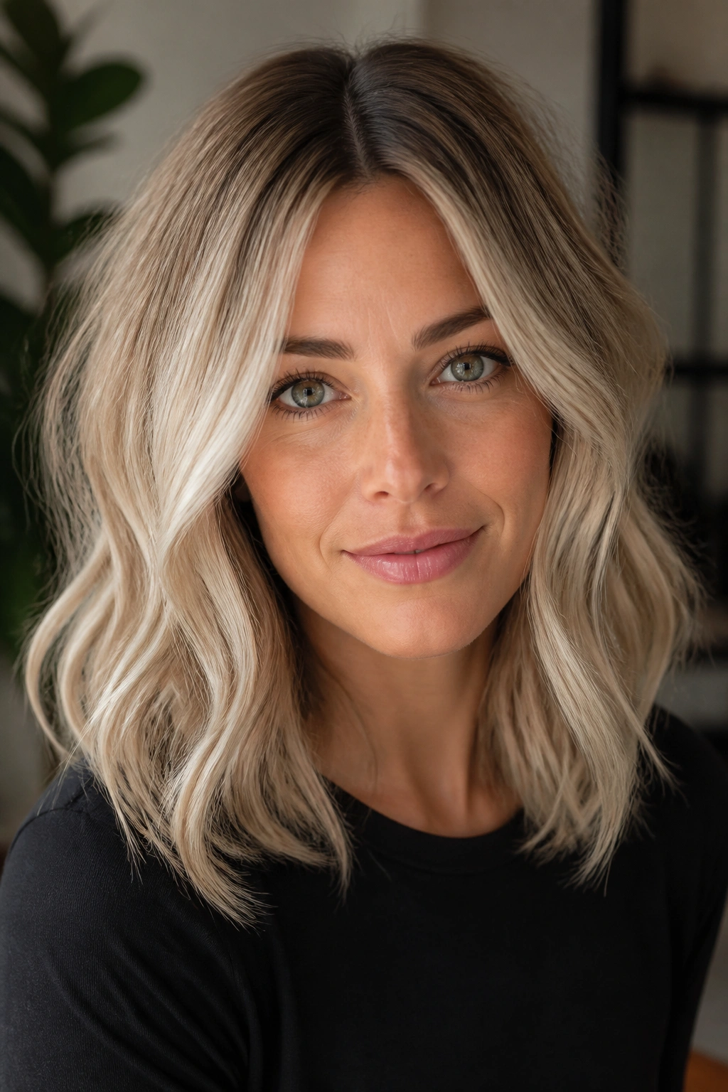 Portrait of a woman with beige blonde hair and shadow root.