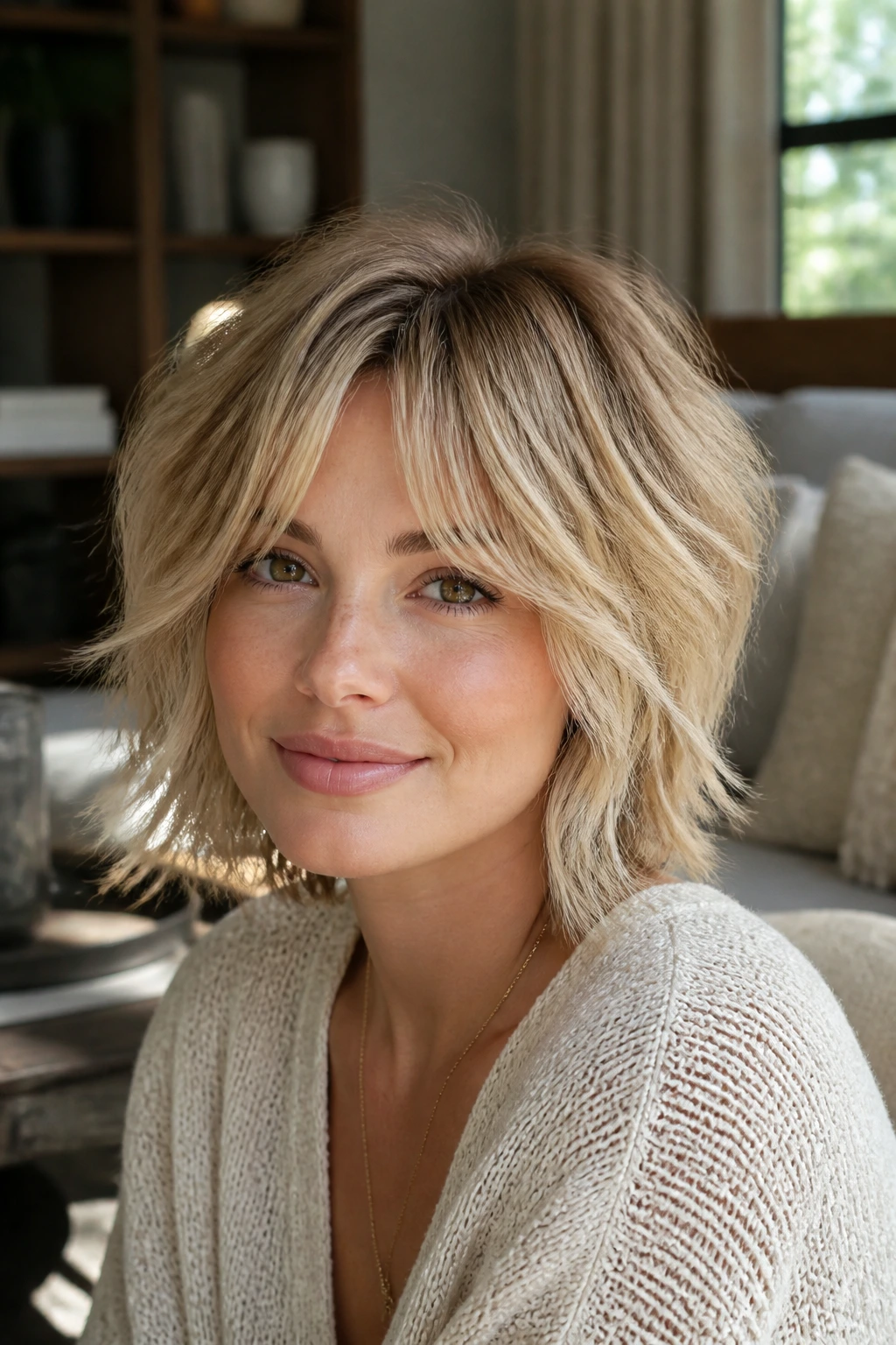 Close-up portrait of real woman with beige blonde shag and bottleneck bangs in sunlit living room.