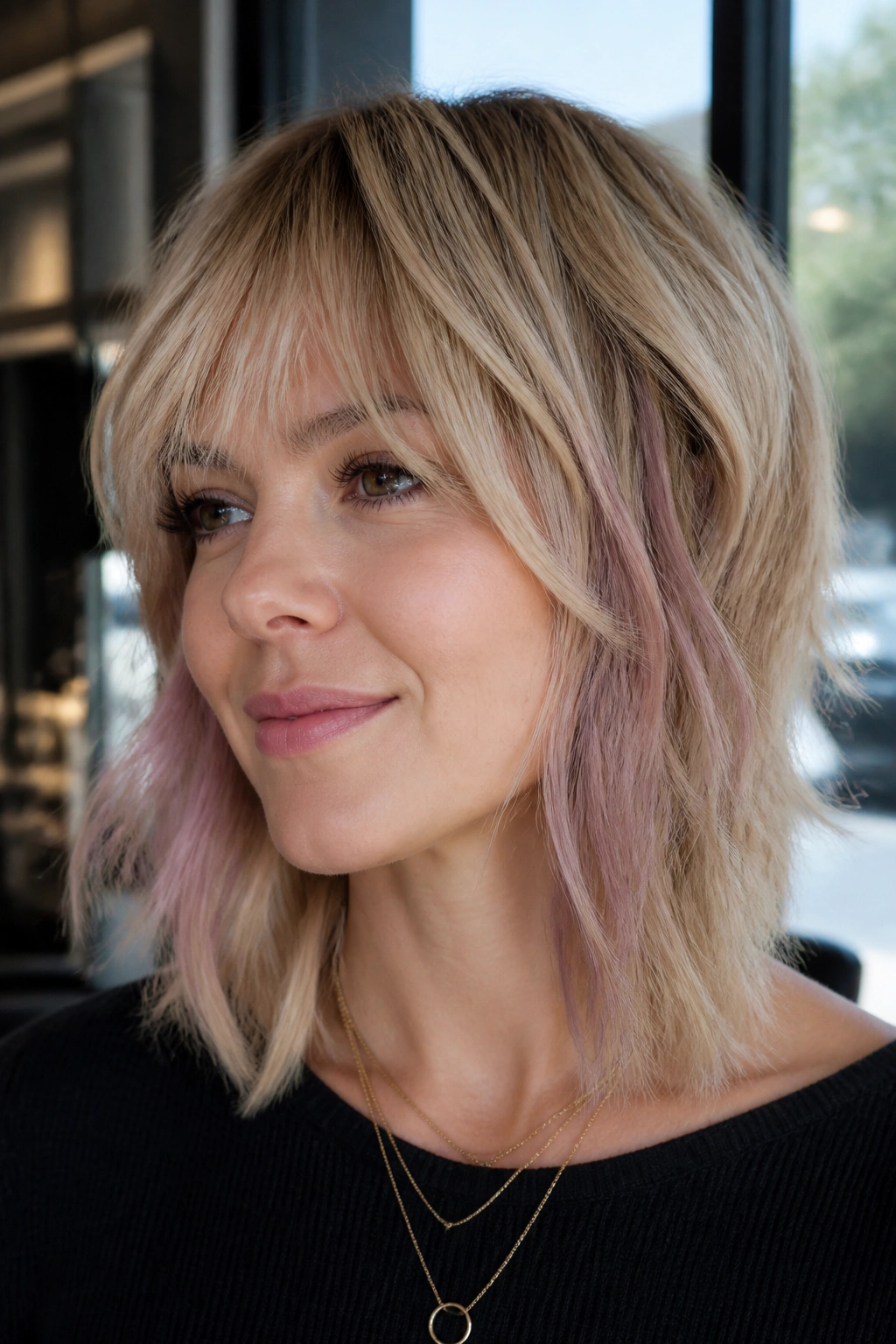Portrait of a woman with beige blonde shag and mauve side panels
