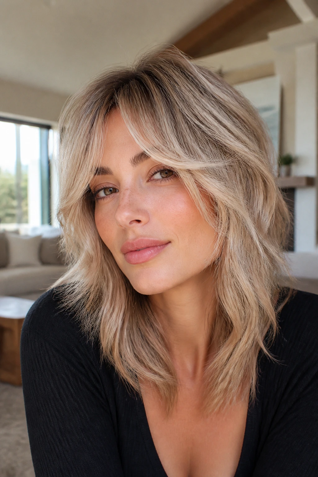 Close-up of a real person with beige blonde shag and face-framing pieces