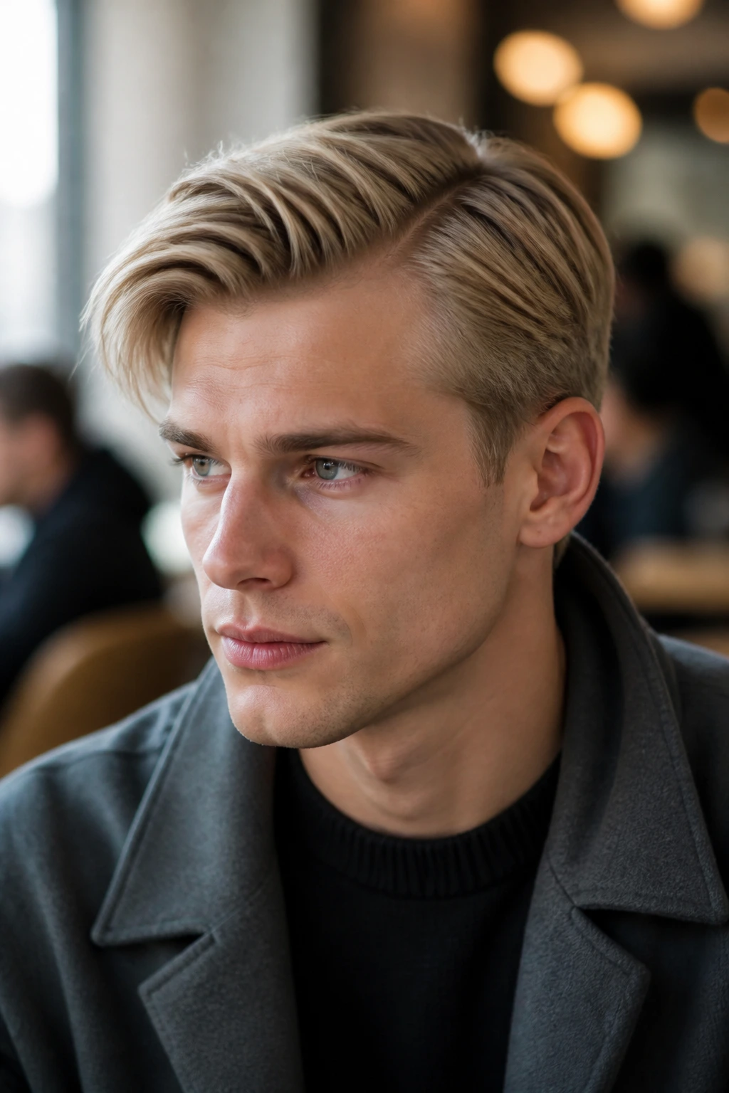 Close-up of a man with beige blonde side part in a soft-lit cafe