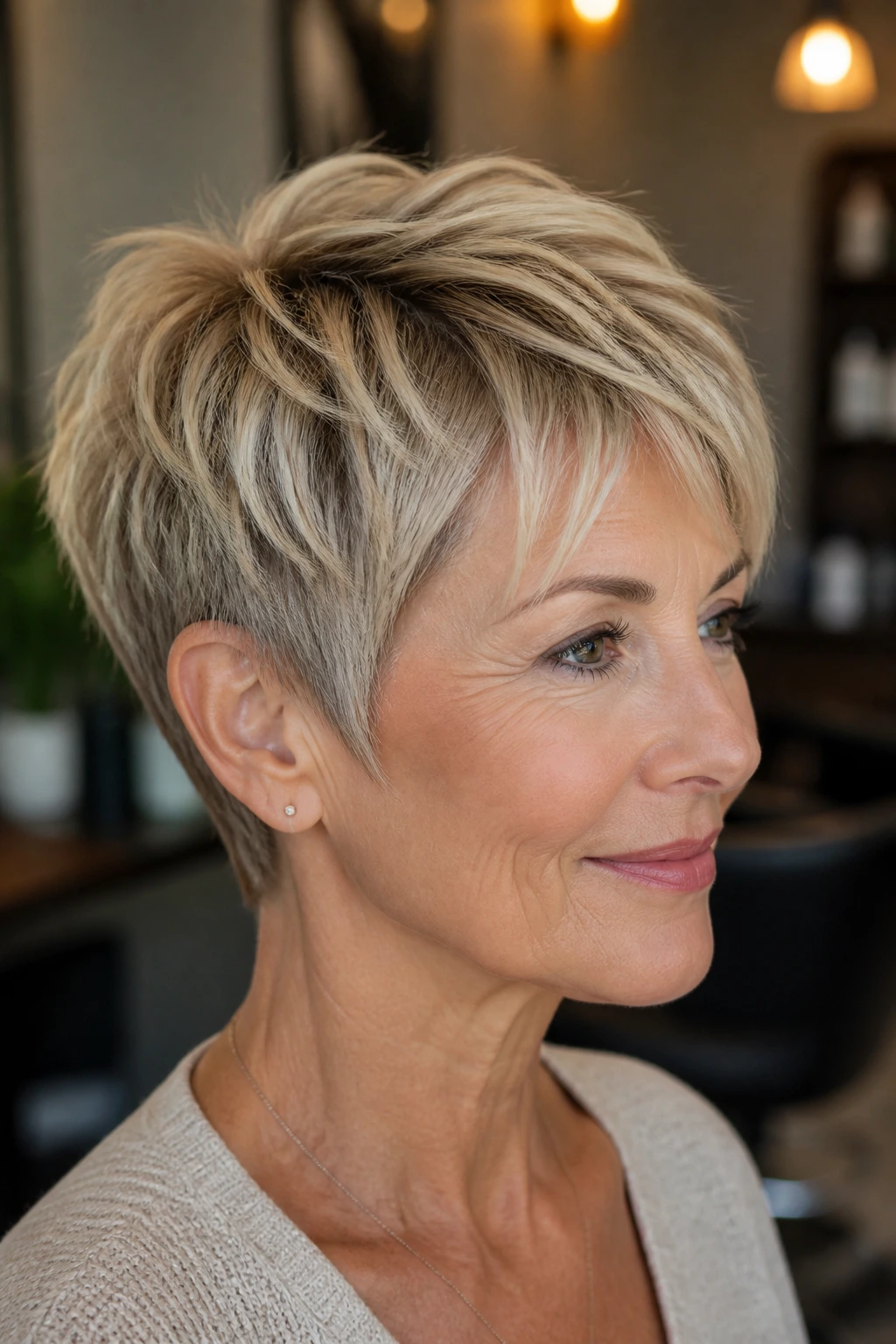 Real woman with a razor-cut pixie and beige blonde slices highlighting texture.