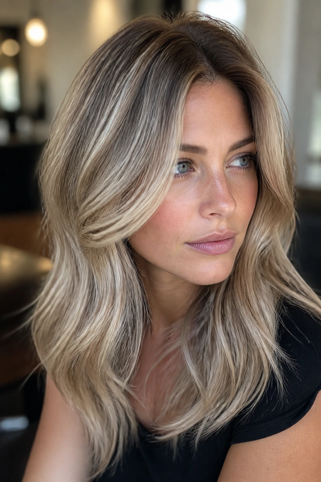 Close-up portrait of a real woman with soft beige blonde and smoky dimension