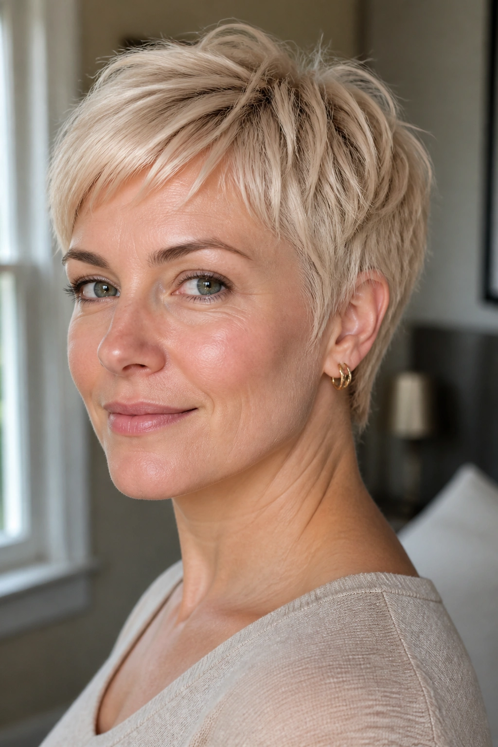 Close-up portrait of a real woman with beige blonde soft-end pixie.