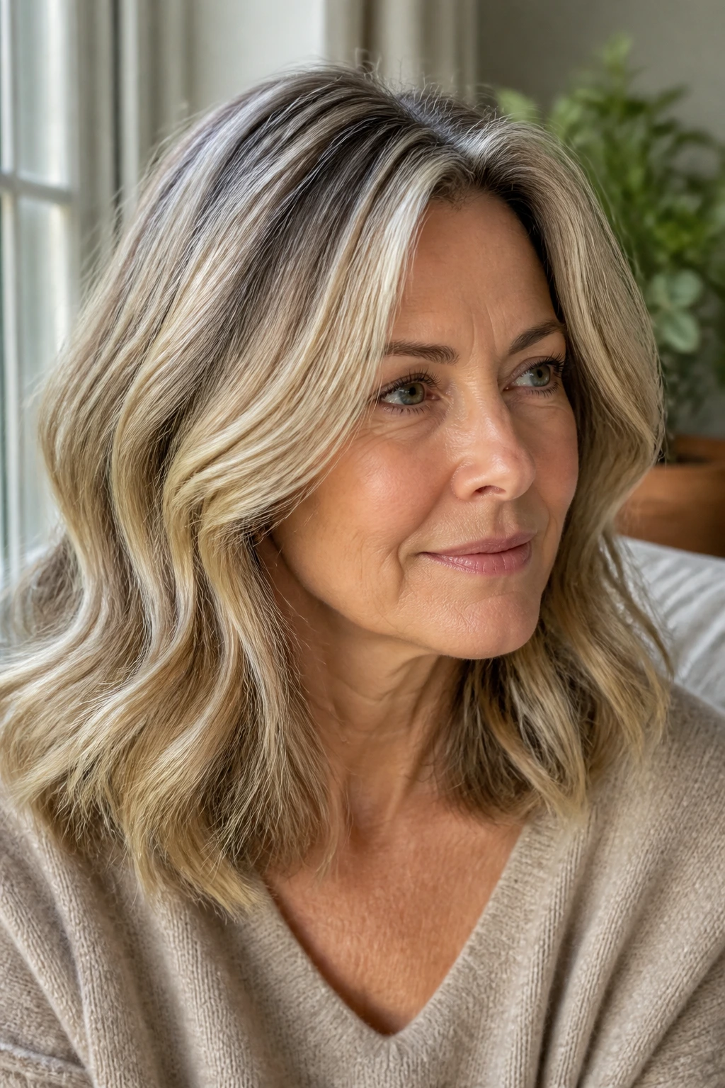 Close-up of a woman with beige blonde ribbons through mid-lengths for a soft look
