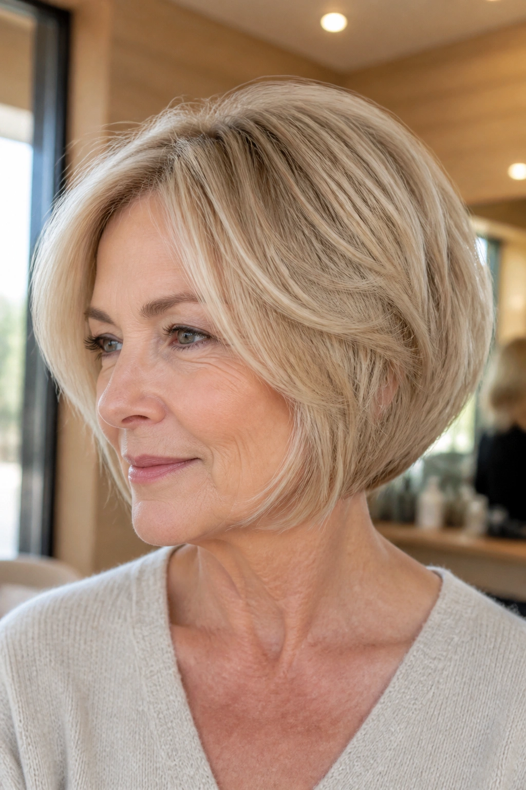 Portrait of real person with beige blonde stacked bob with airy layers