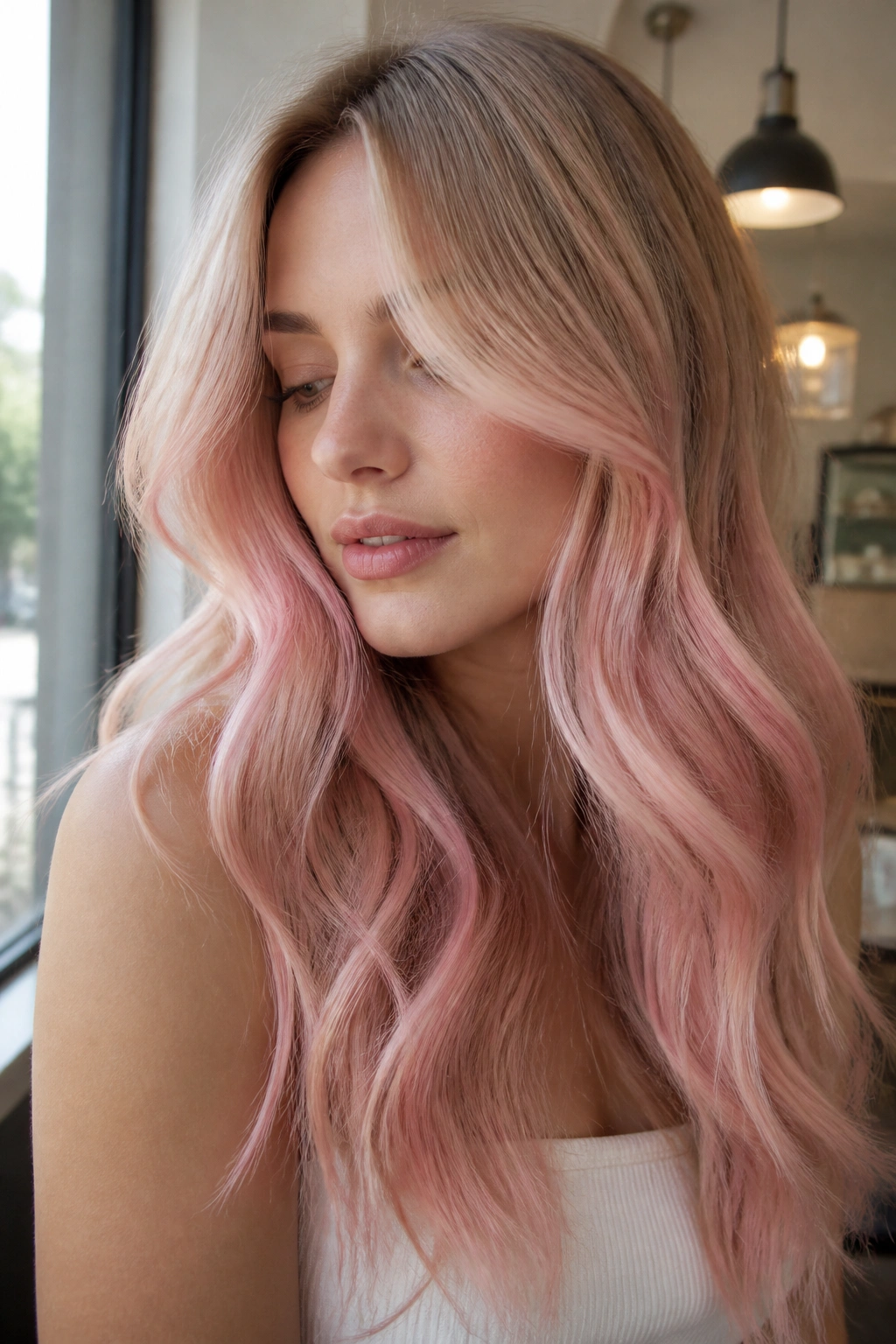 Close-up of a real woman with beige blonde base and pink balayage ribbons