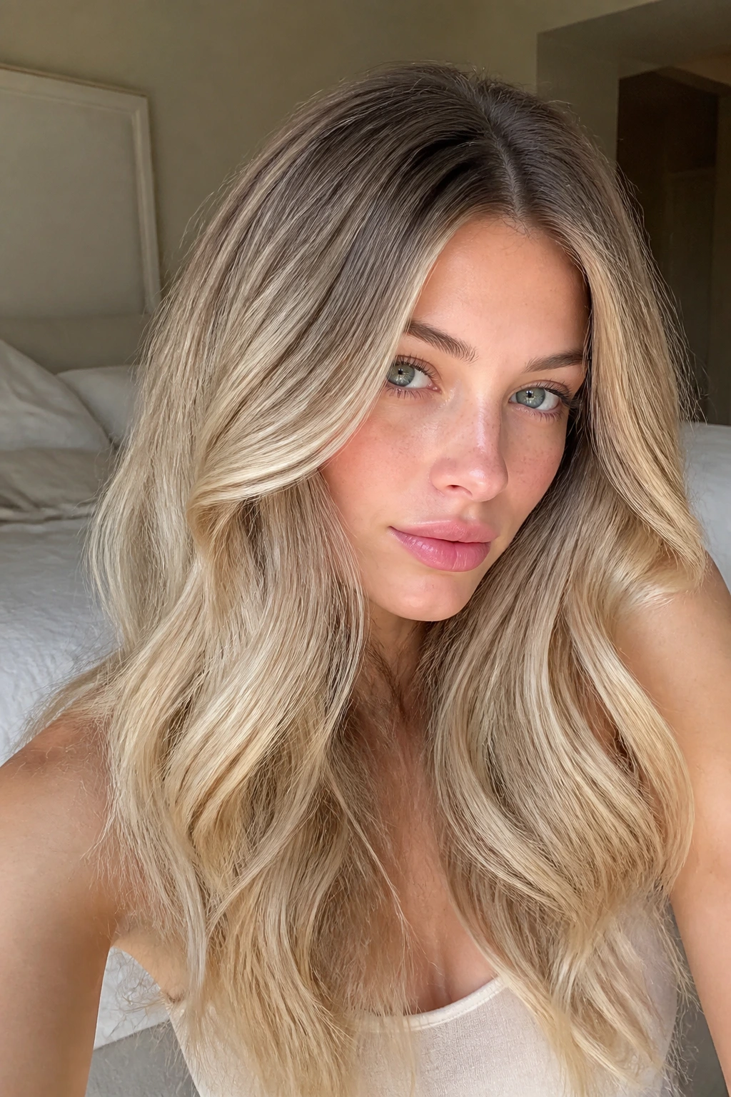 Close-up portrait of a real person with beige blonde hair and taupe root melt in a sunlit room
