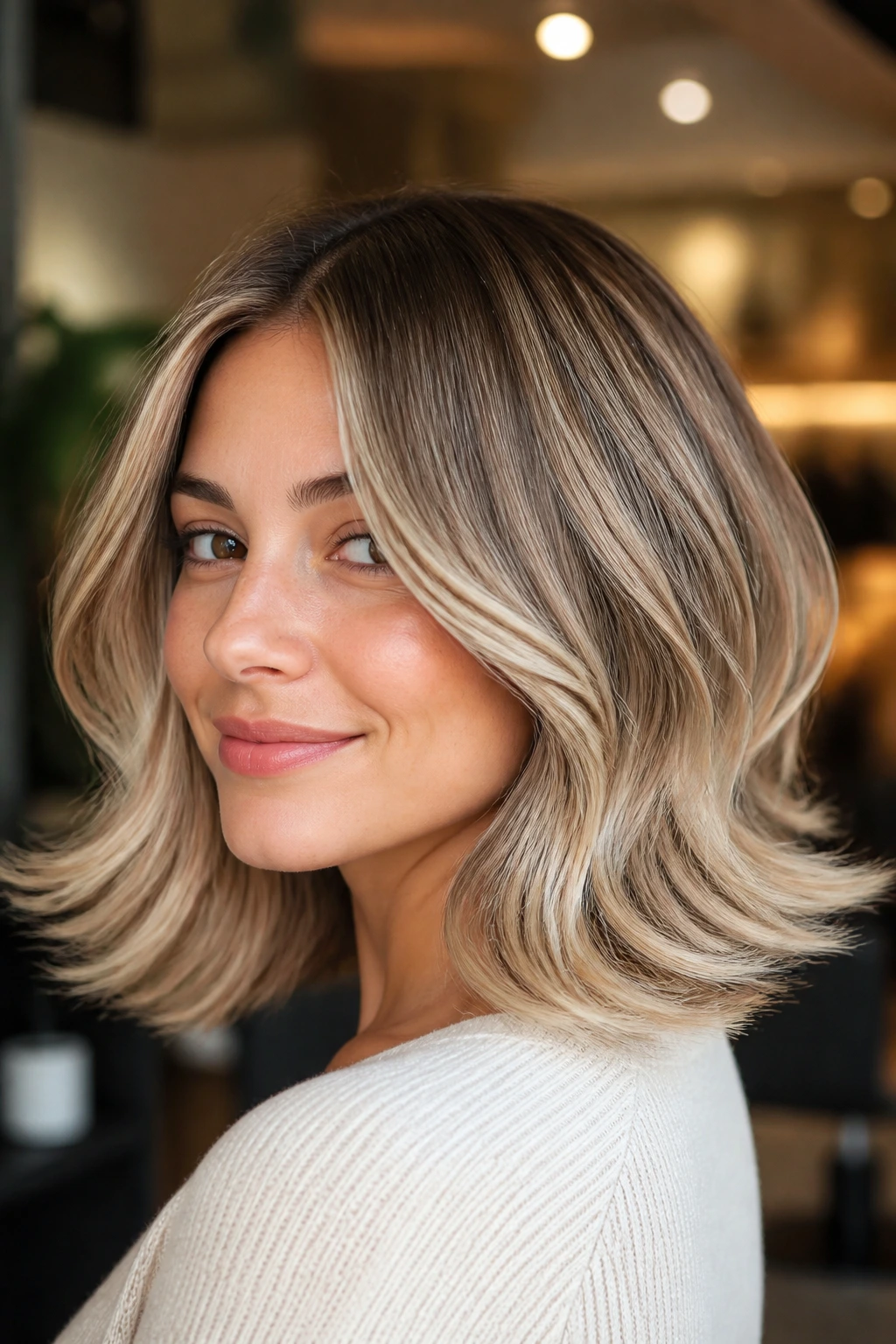 Portrait of a real woman with frosted beige blonde U-cut hair