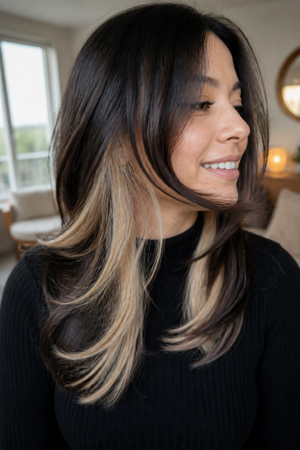 Close-up of a real person with beige blonde underlayers visible during movement.