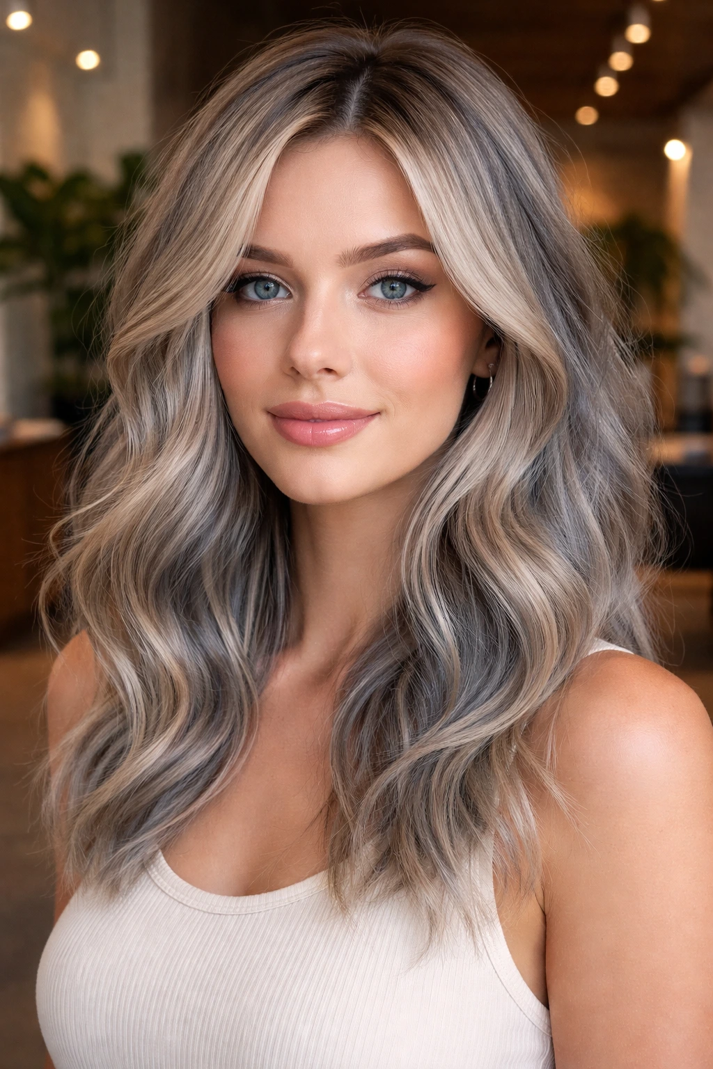 Close-up portrait of a woman with cool beige hair and dusty blue undertones in salon lighting