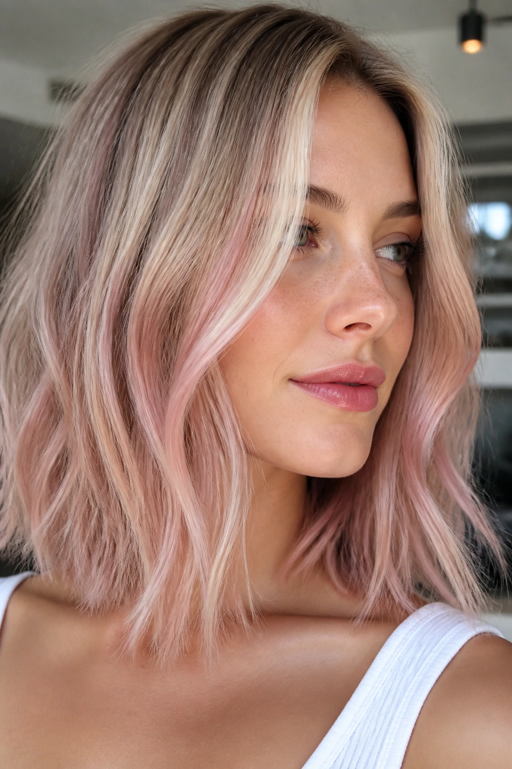 Close-up of beige blonde hair with a pink veil overlay