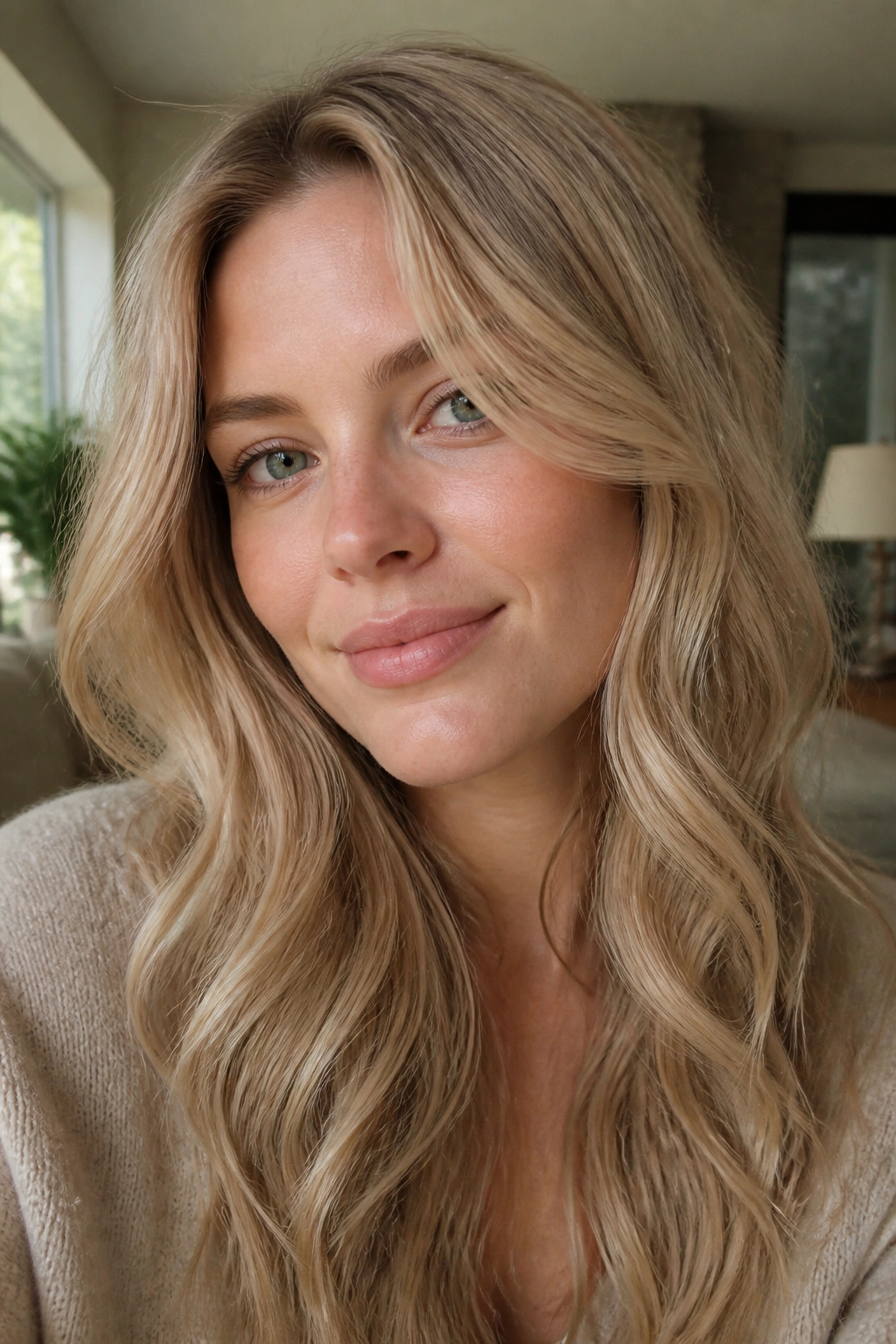 Close-up of a real person with beige blonde wavy hair in soft light