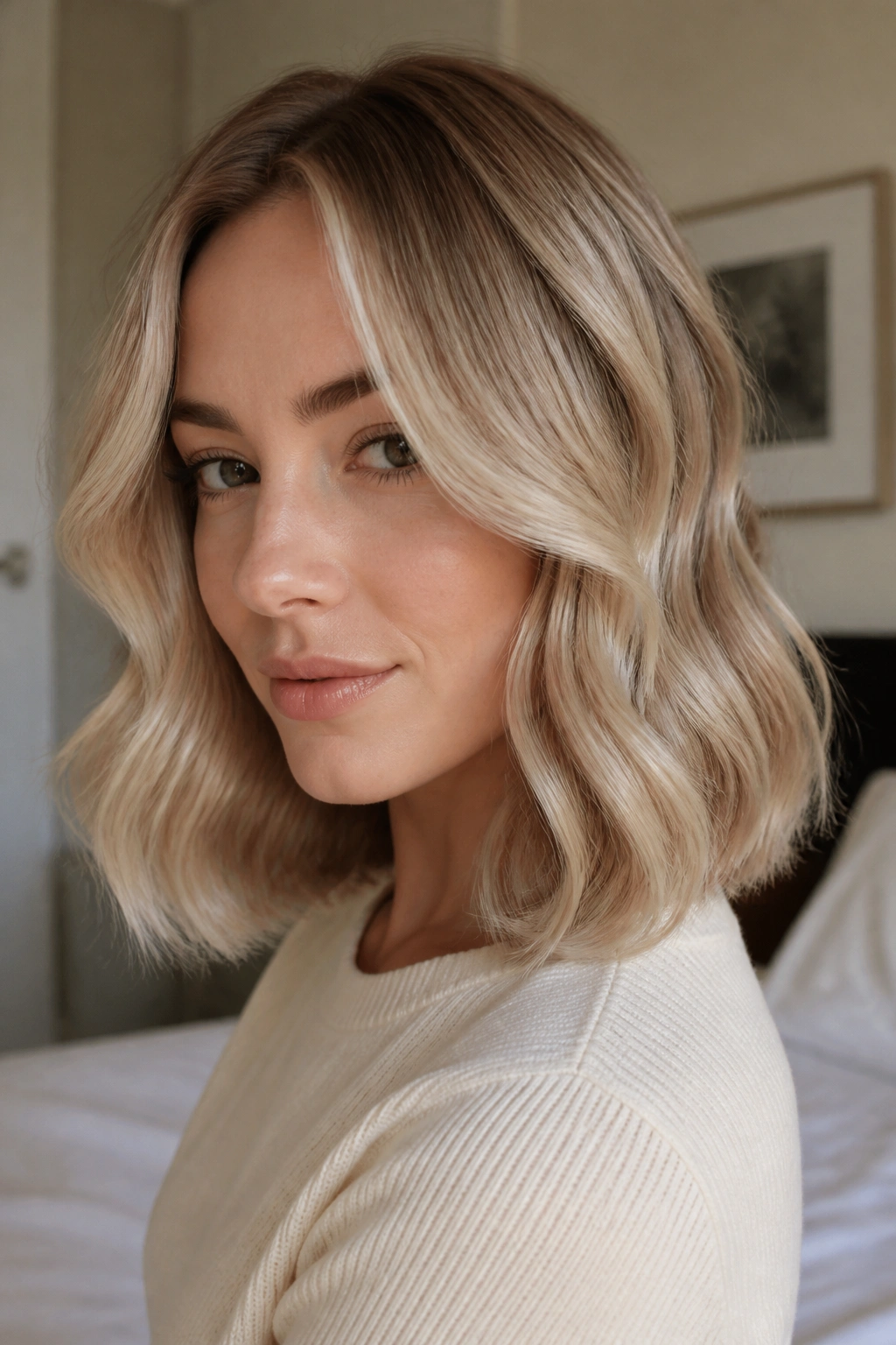Close-up portrait of a real woman with beige blonde hair and soft barrel waves