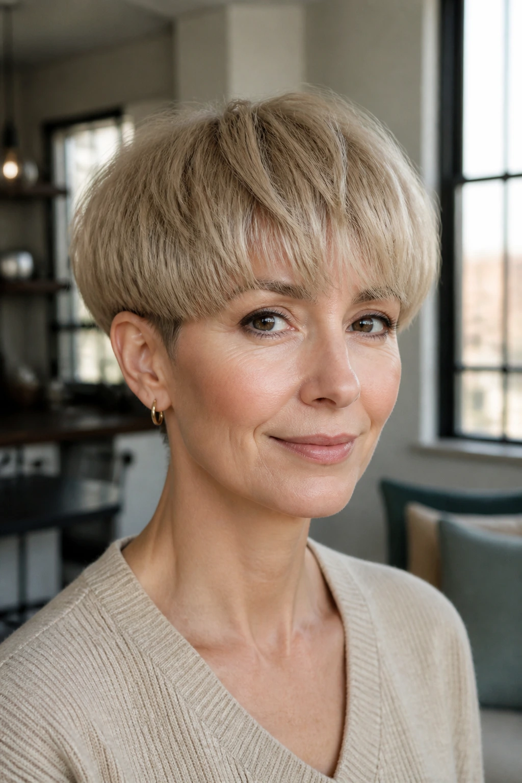 Close-up portrait of a real woman with beige bowl-inspired pixie and rounded silhouette