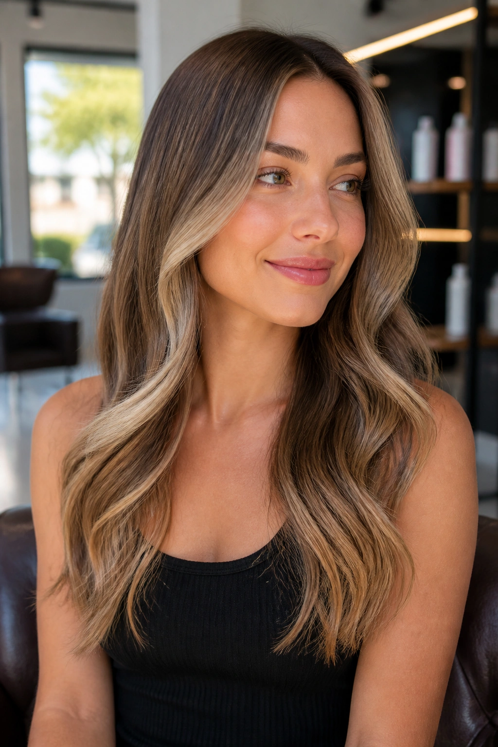 Close-up of beige bronde balayage ribbons starting below the cheekbones on a real person with soft waves