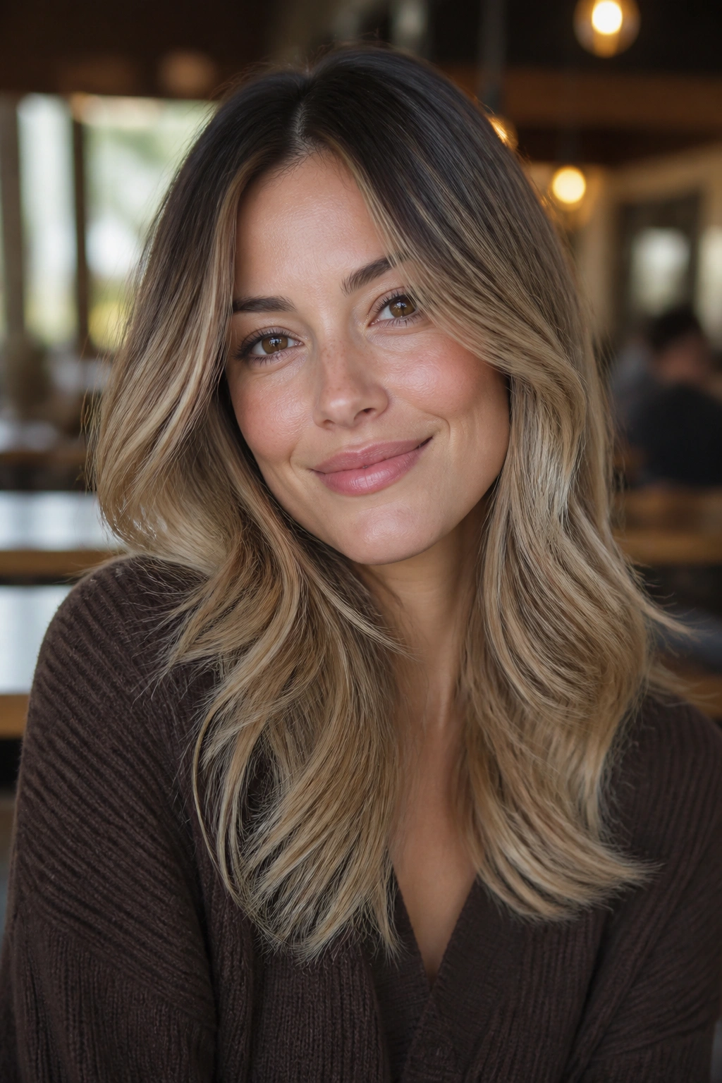 Portrait of a woman with beige bronde balayage and soft ends