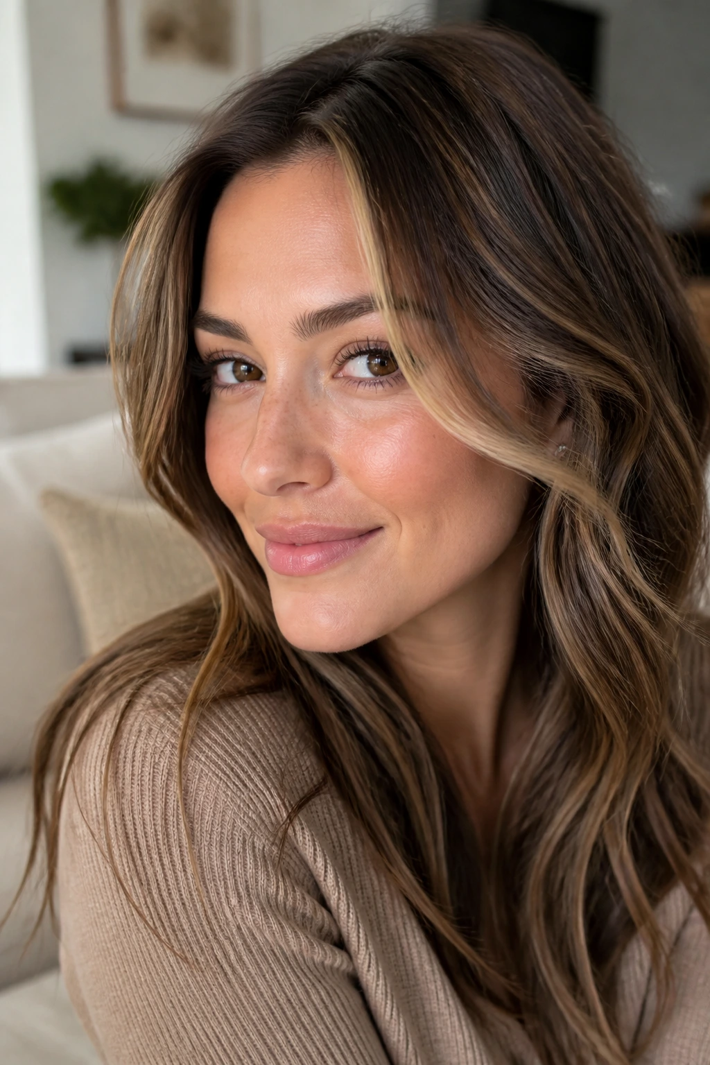 Beige bronde contour pieces framing the face on a brunette
