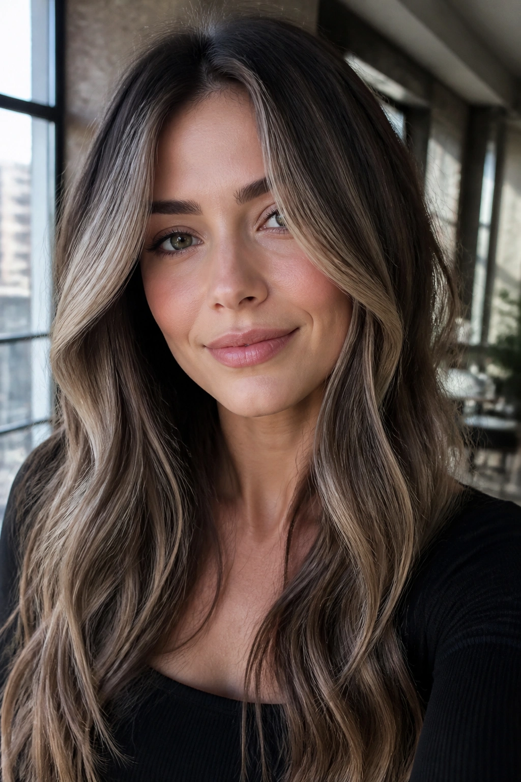Close-up of a woman with cool beige bronde highlighted around the face