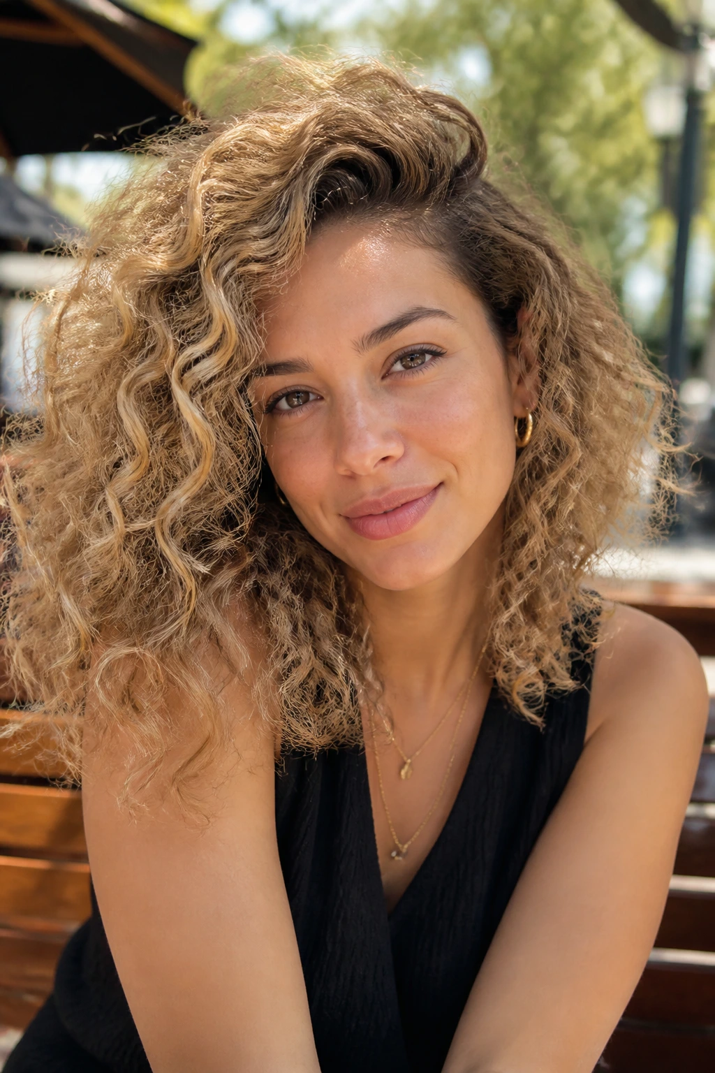 Close-up of a real woman with beige bronde hair framing the face