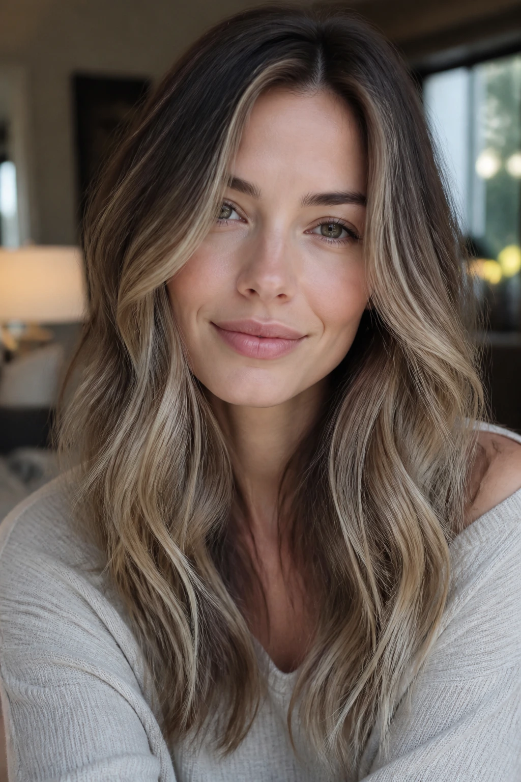 Close-up portrait of a real woman with brunette base and cool beige ends in soft window light