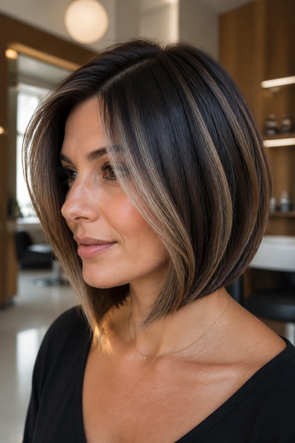 Close-up of a real woman with beige bronde highlights on espresso base in a sleek bob.