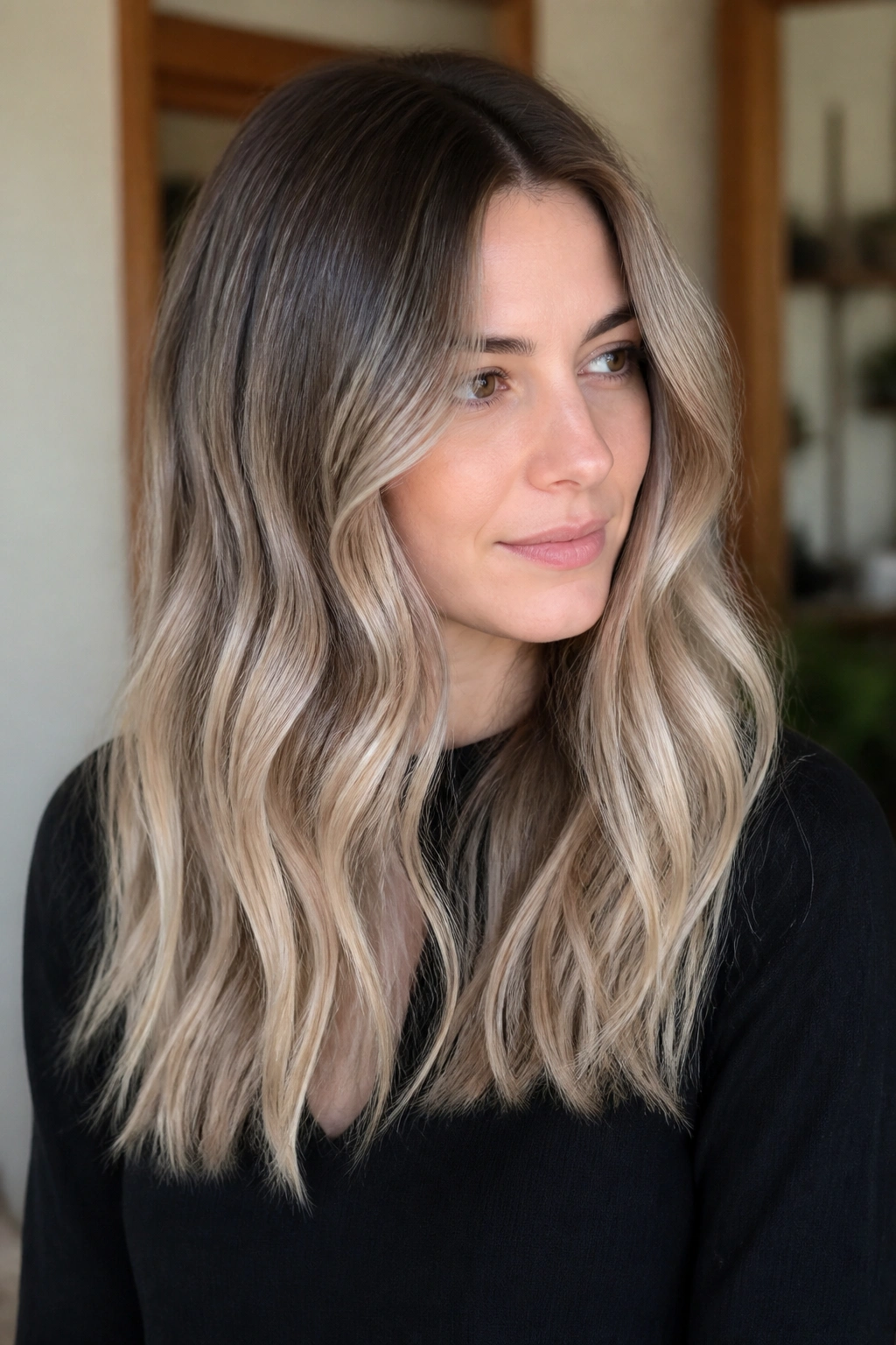 Close-up of real woman with beige bronde melt hair