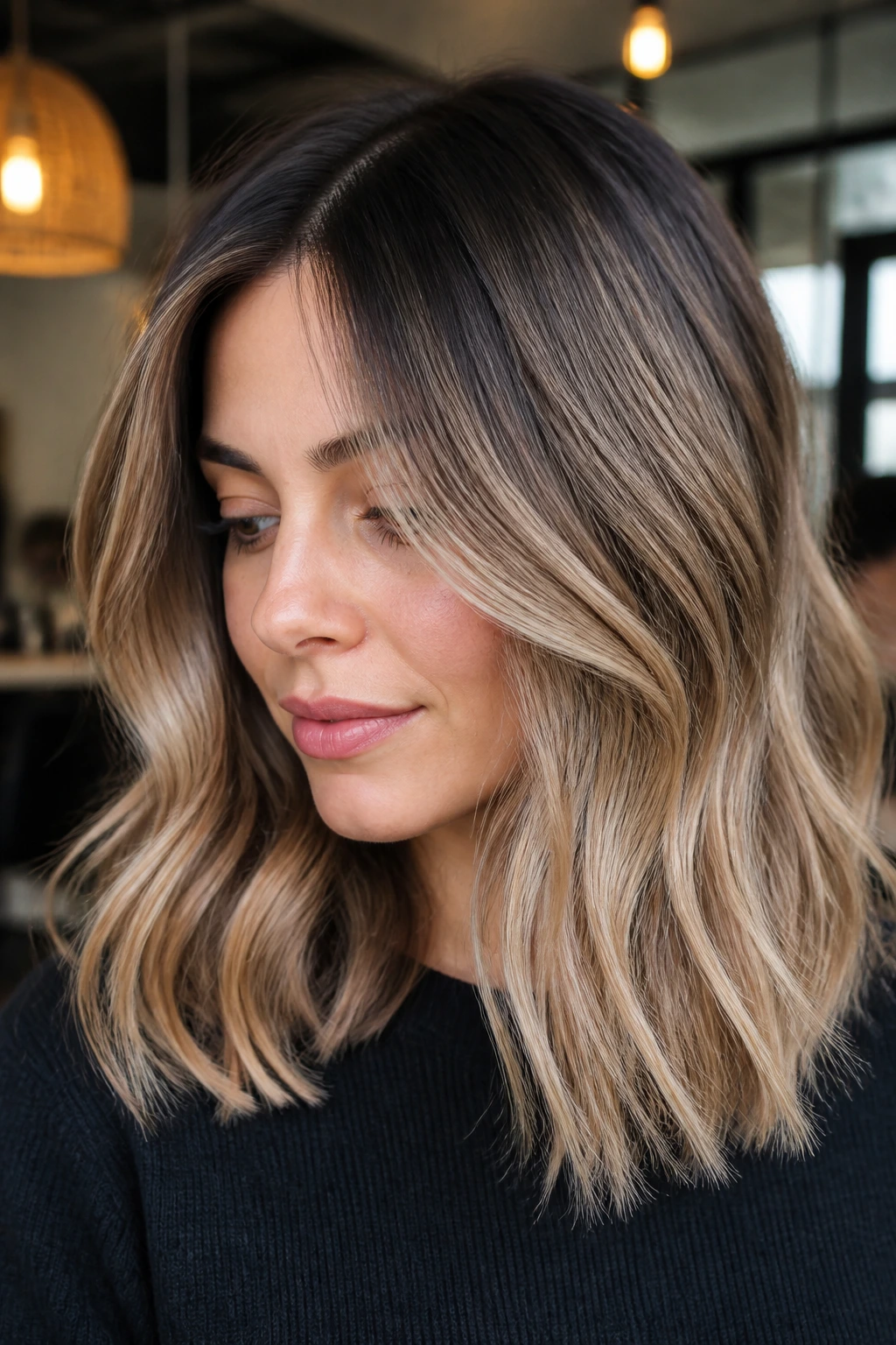 Close-up portrait of a real woman with beige bronde and shadow root in natural lighting