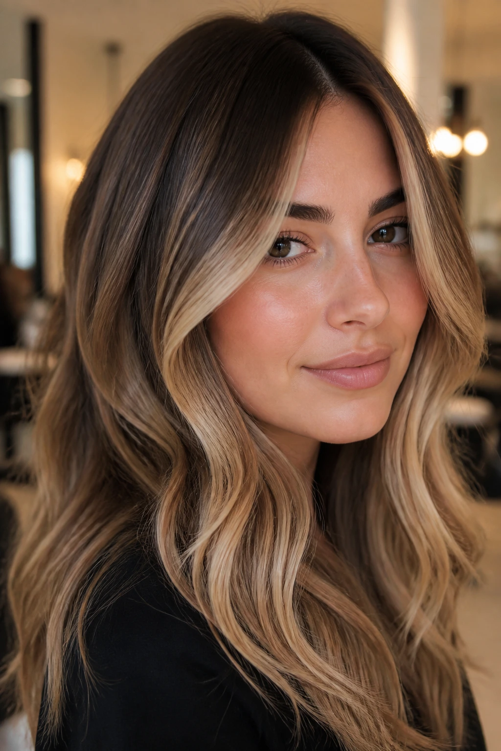 Close-up portrait of a real woman with beige brown blonde melt highlighting a soft, seamless color transition