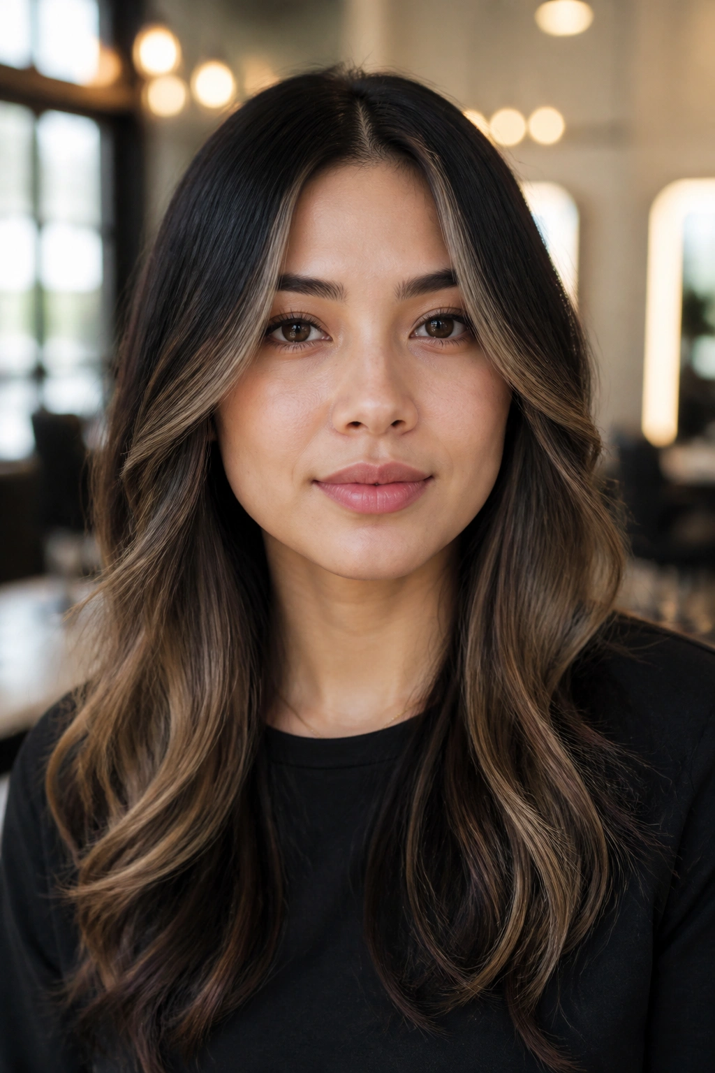 Close-up portrait showing beige-brown halo center-part hairstyle framing face in soft window light