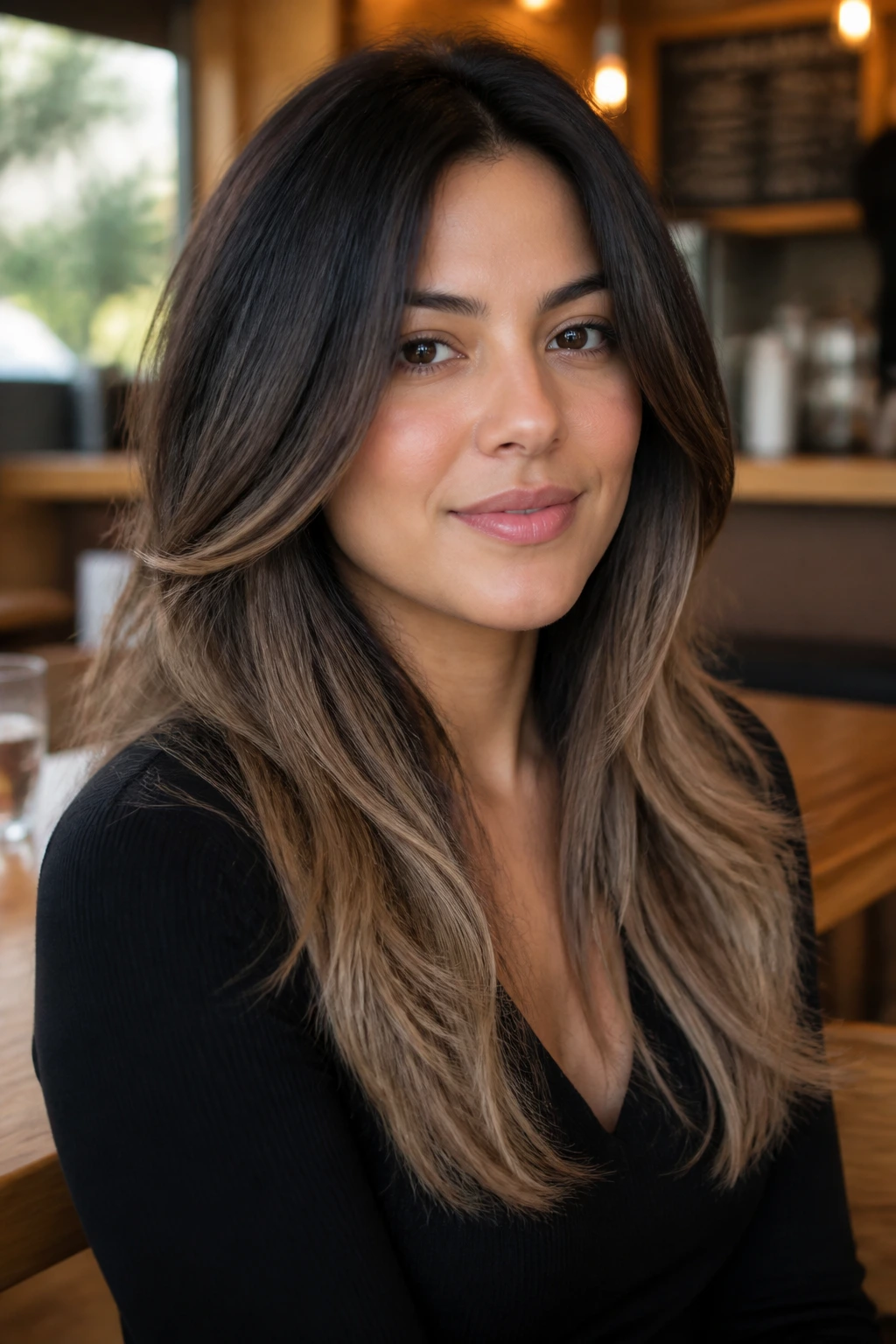 Close-up portrait of woman with beige brown ends and soft layers