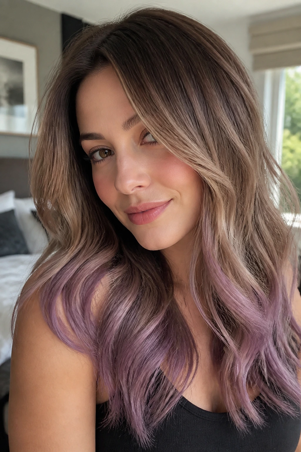 Close-up of a real woman with beige brown melt and orchid ends